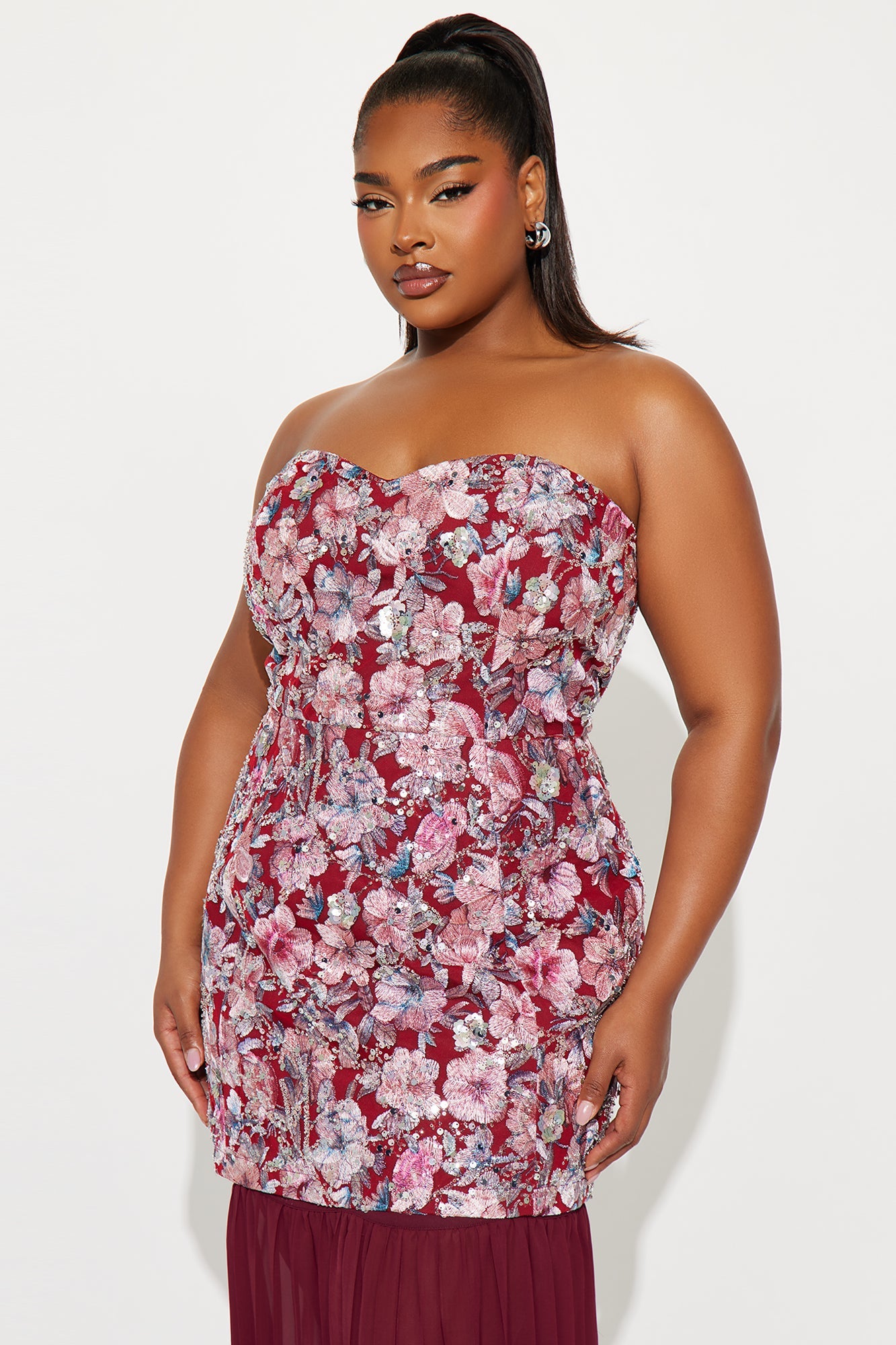 Sequin Statement Chiffon Gown - Burgundy