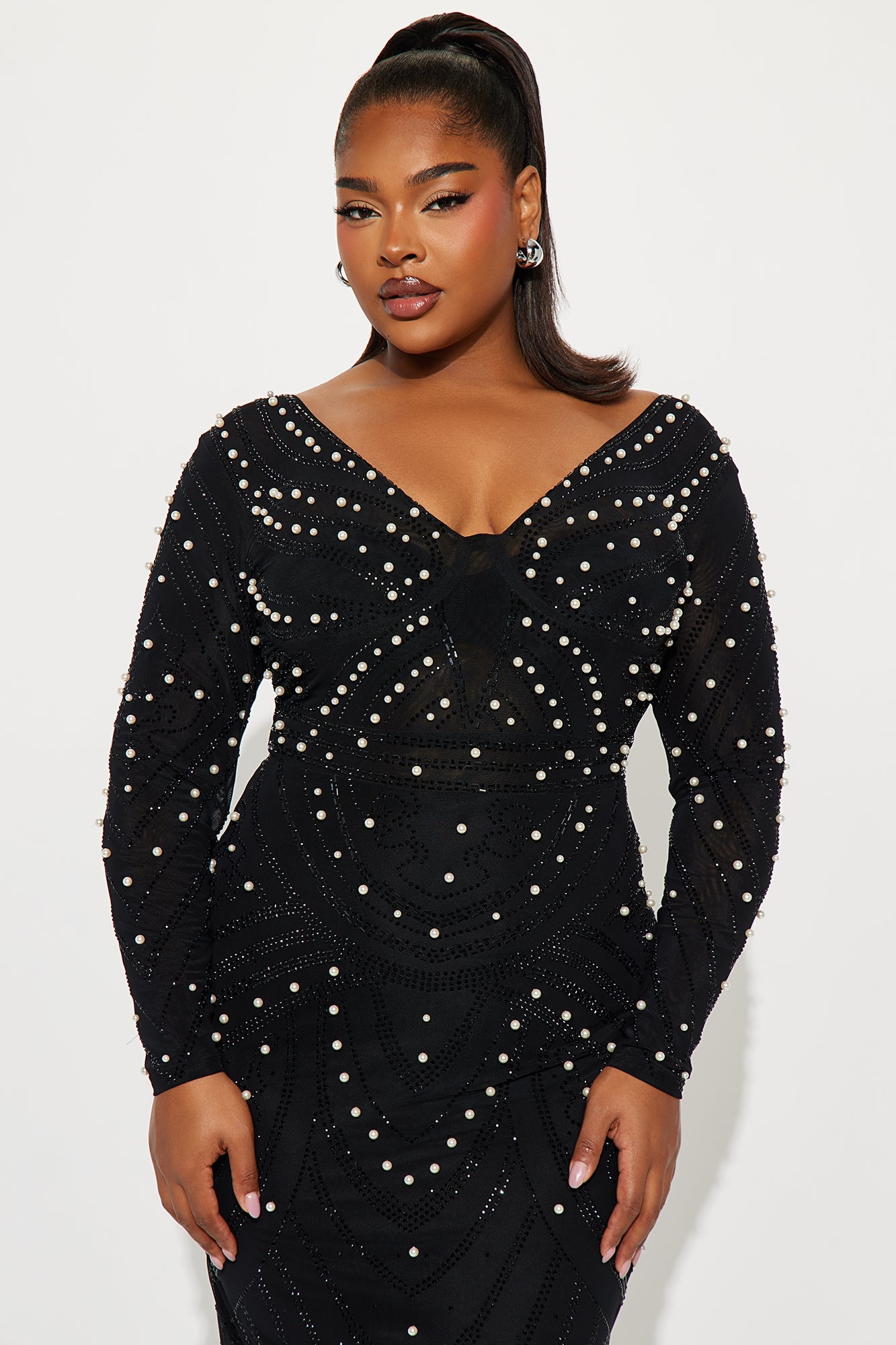 Cali Embellished Long Sleeve Gown - Black