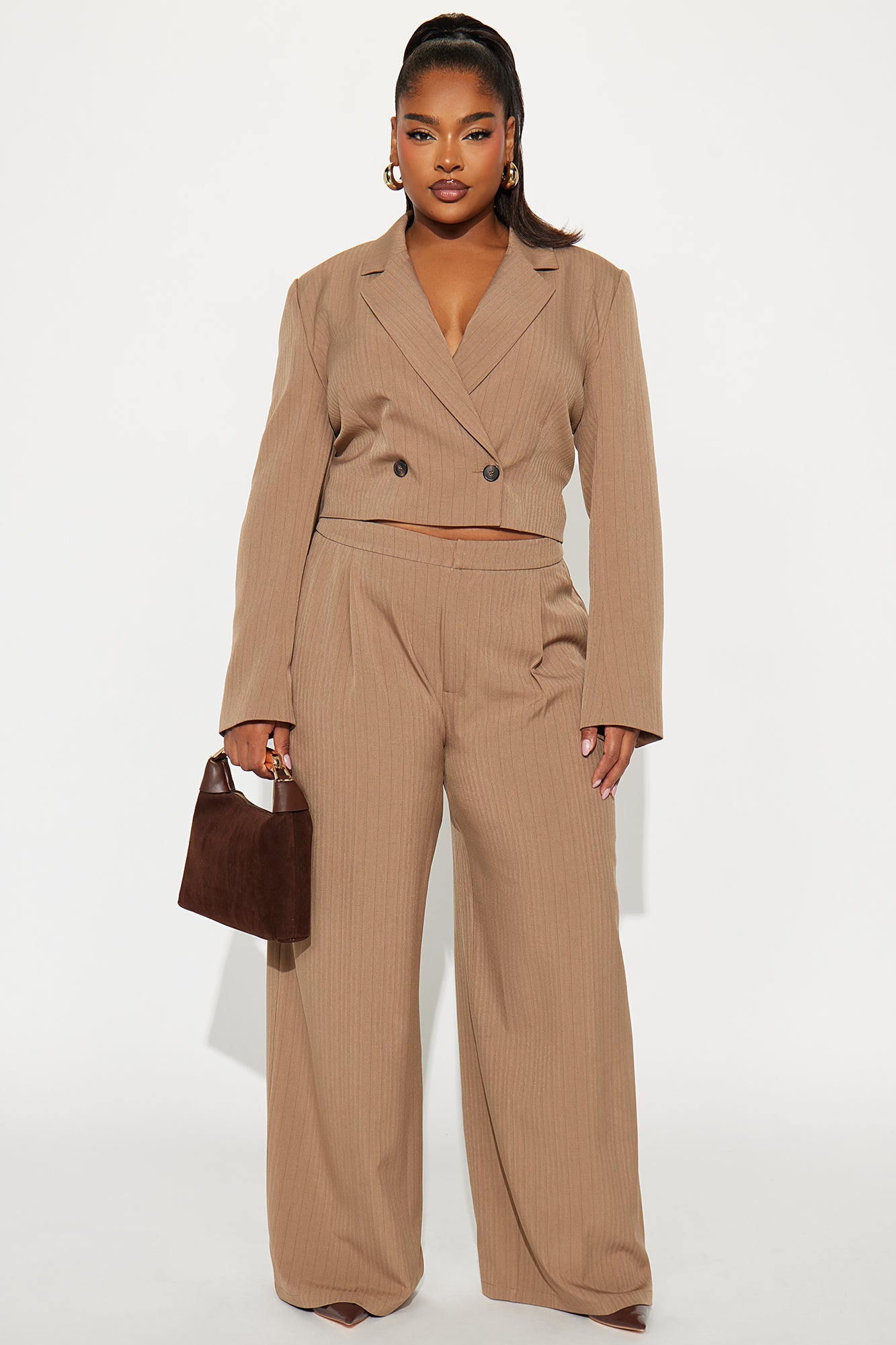 Becca Pinstripe Blazer Pant Set - Taupe