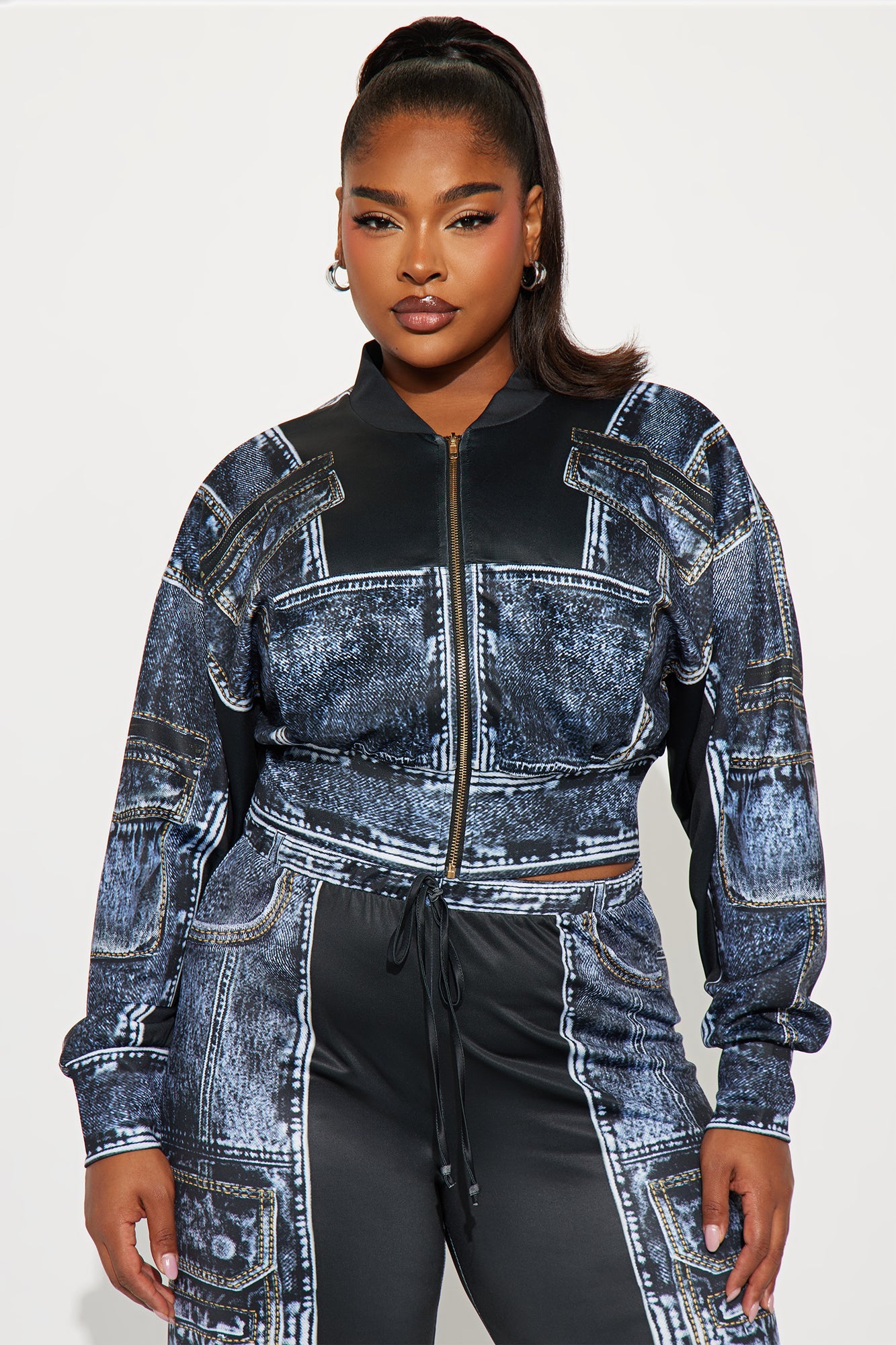 Give Me Details Denim Print Jacket Pant Set - Black/combo