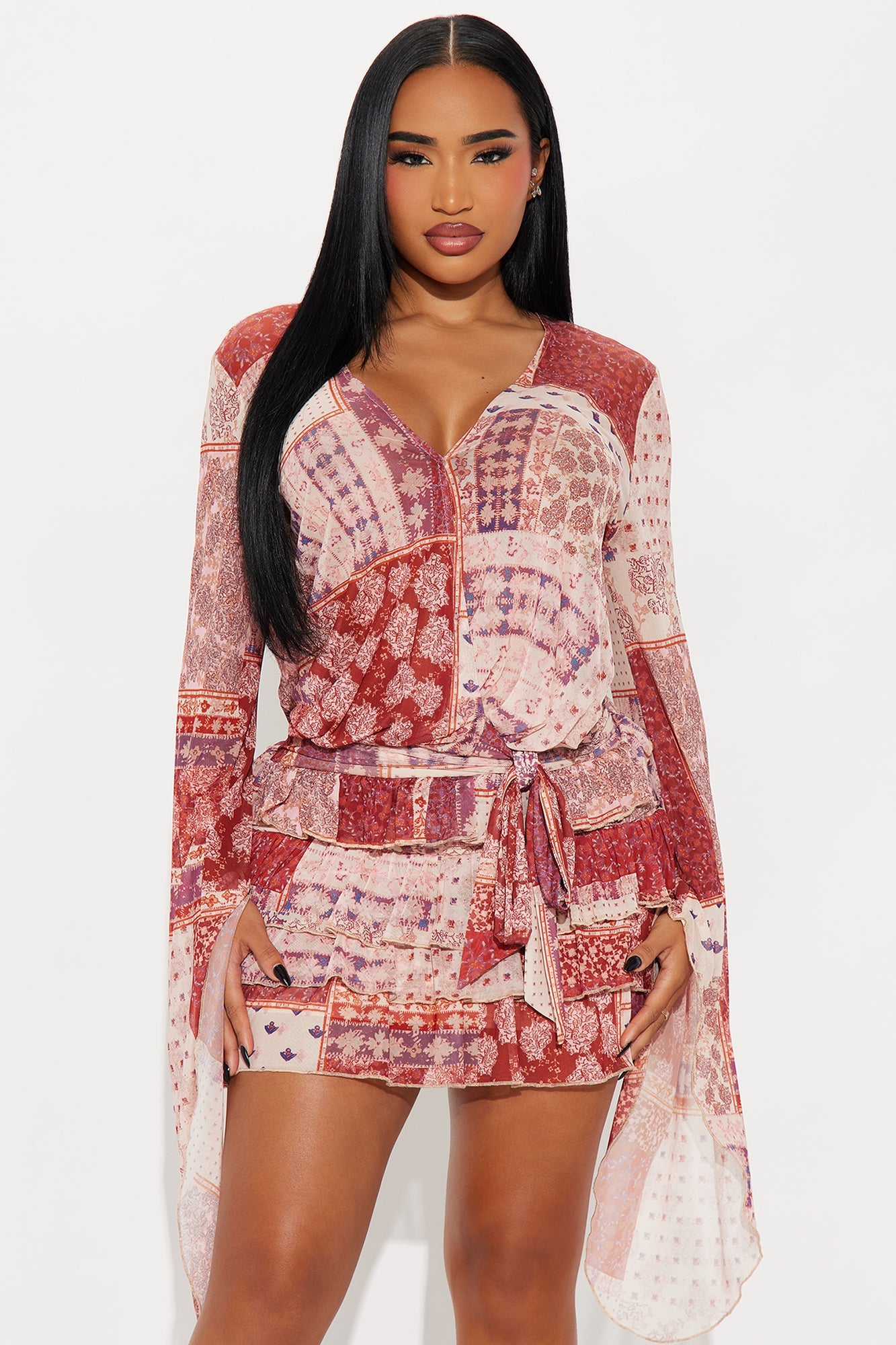 Tall Raya Mesh Paisley Mini Dress - Red/combo