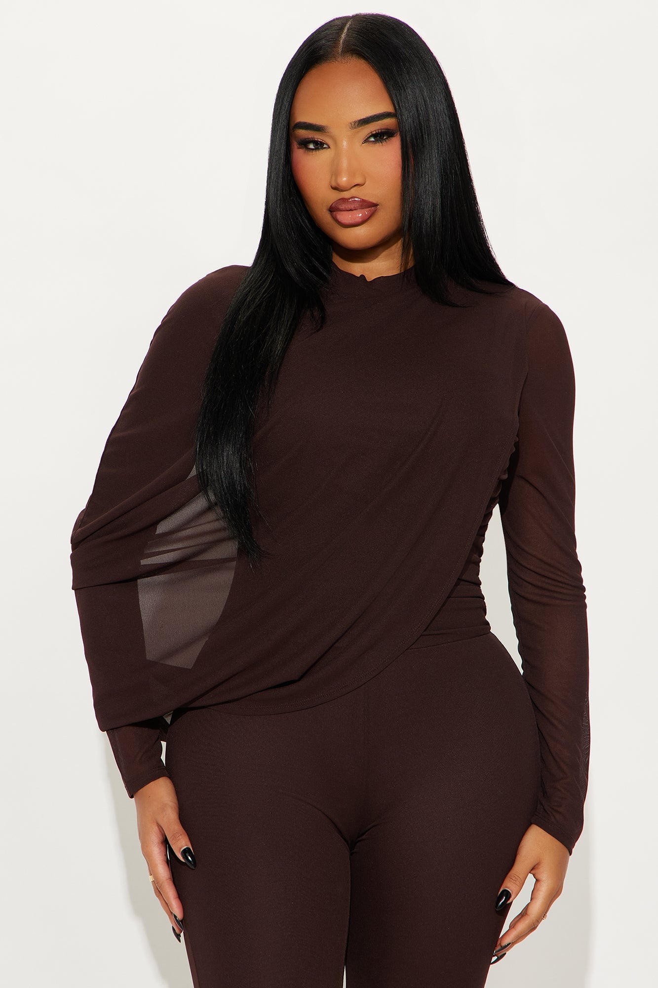 Livia Draped Long Sleeve Jumpsuit - Dark Brown