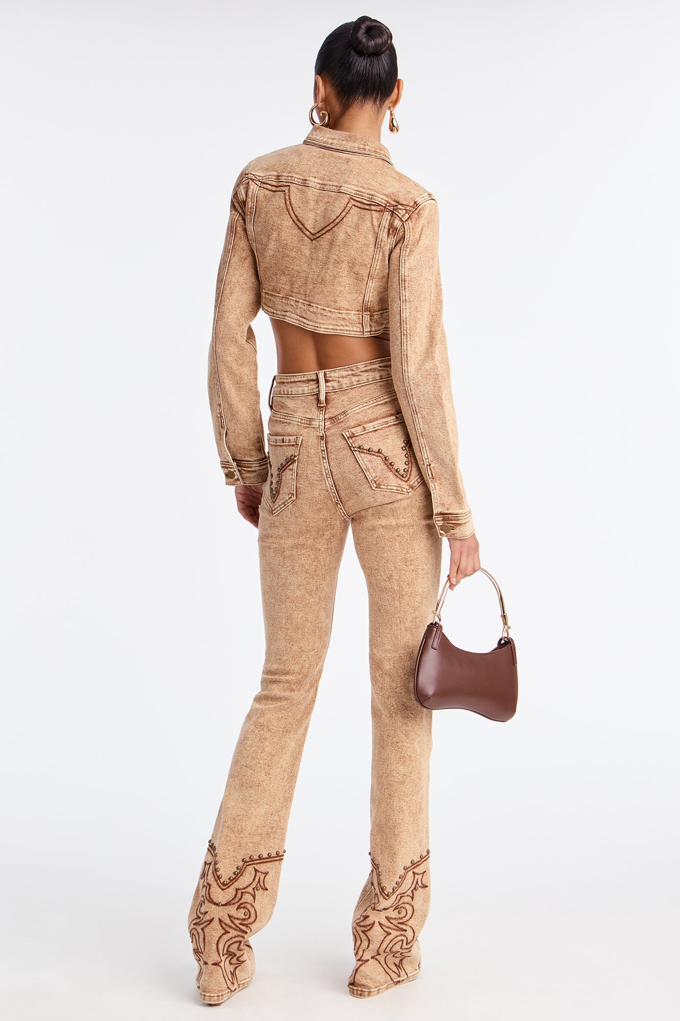 Letting It Ride Embellished Stretch Denim Jacket - Brown