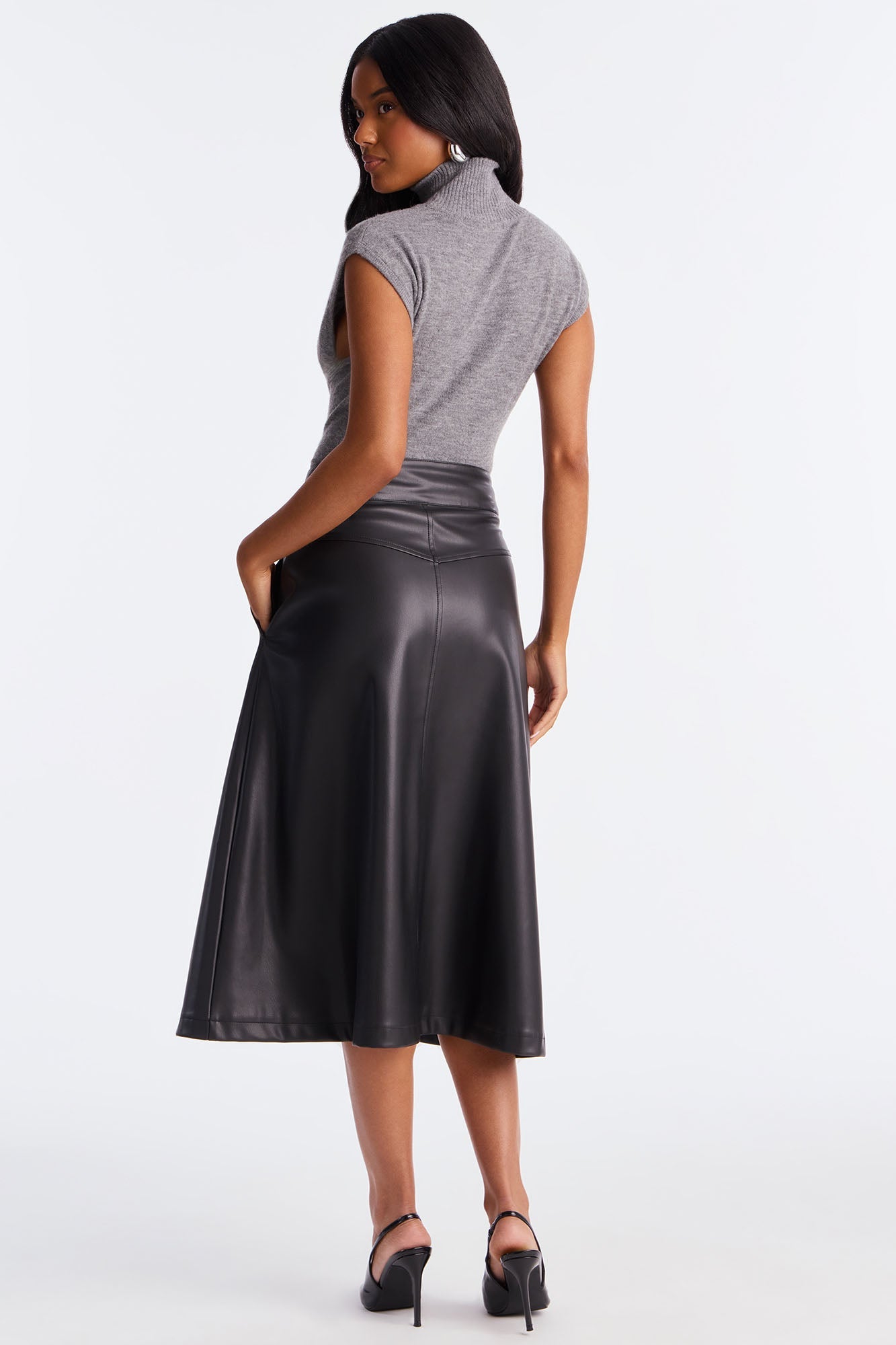 Harper Button Up Faux Leather Tea Midi Skirt - Black
