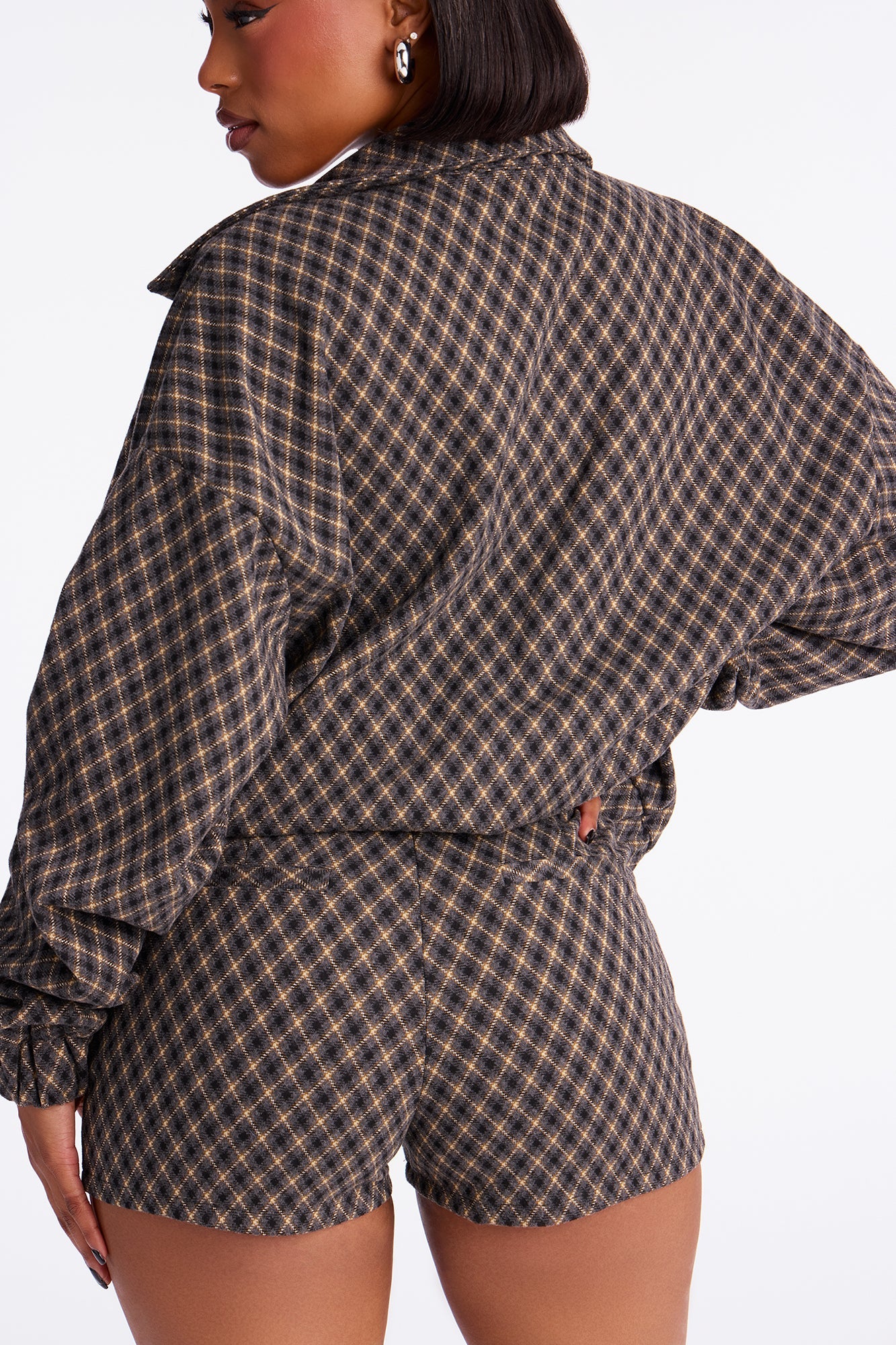 Lorena Plaid Knit Jacket Short Set - Grey/combo