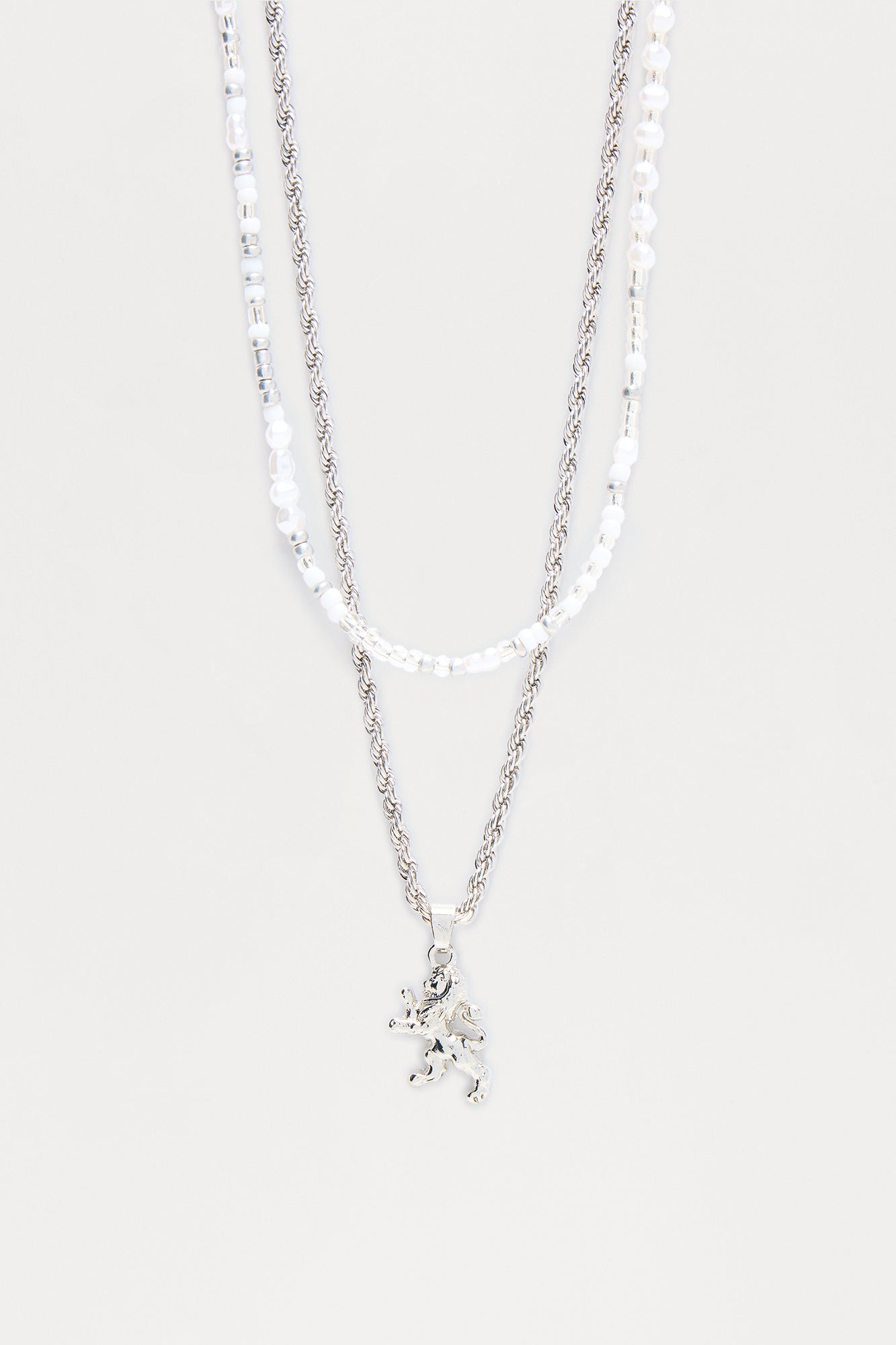 Lion Pendant Beaded Necklace Set - Silver/Combo