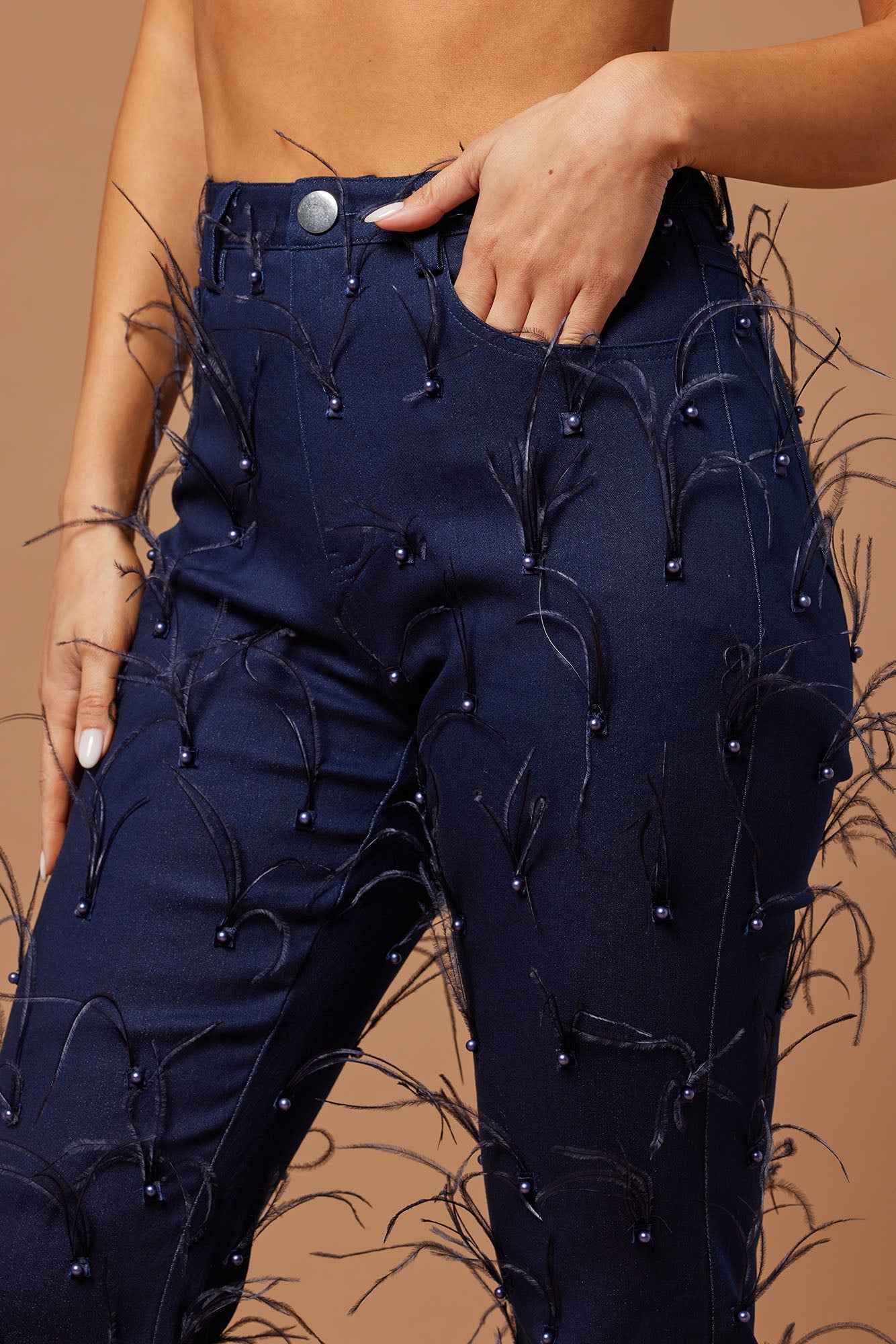 Juliette Embellished Feather Pant - Dark Wash