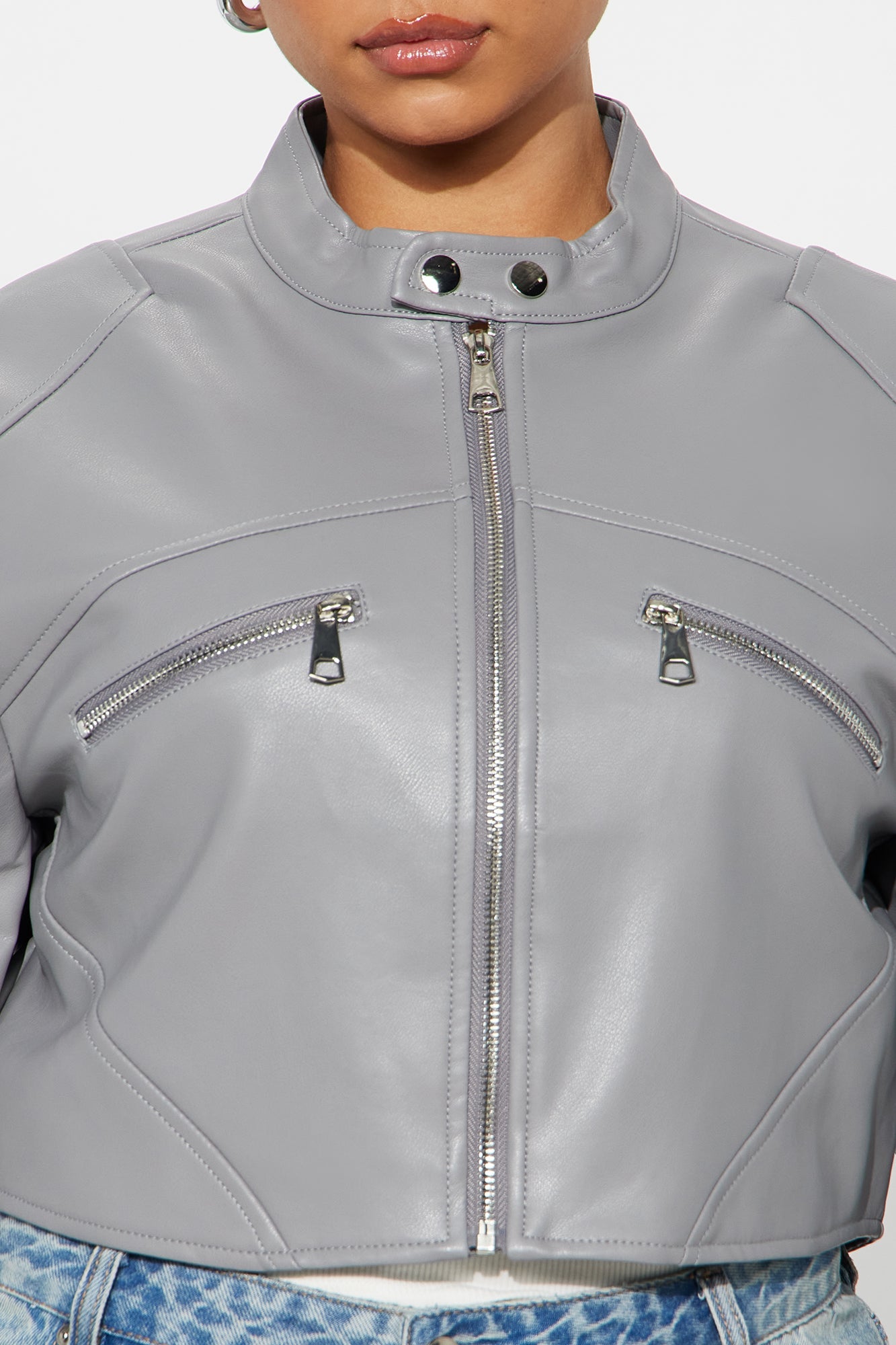 Mina Cropped Faux Leather Moto Jacket - Grey