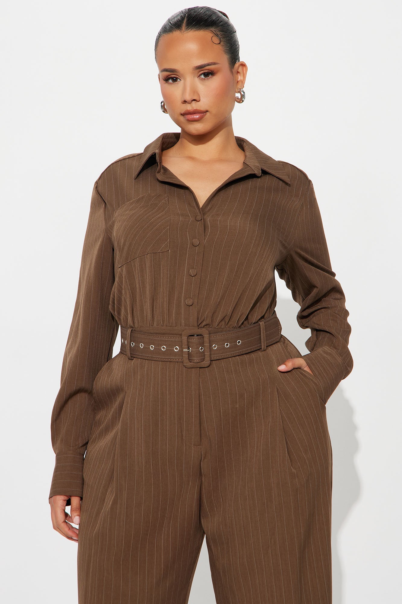 Important Thoughts Pinstripe Jumpsuit - Brown