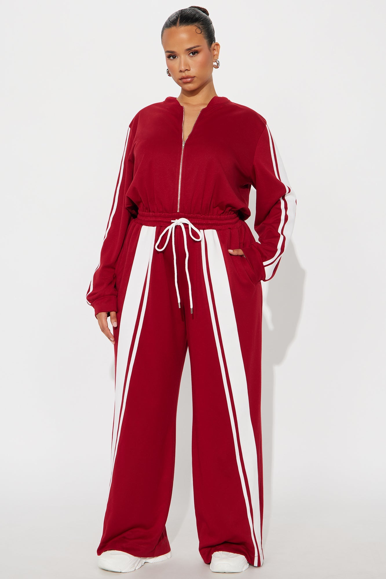 Sporty Vibe Long Sleeve Jumpsuit - Red
