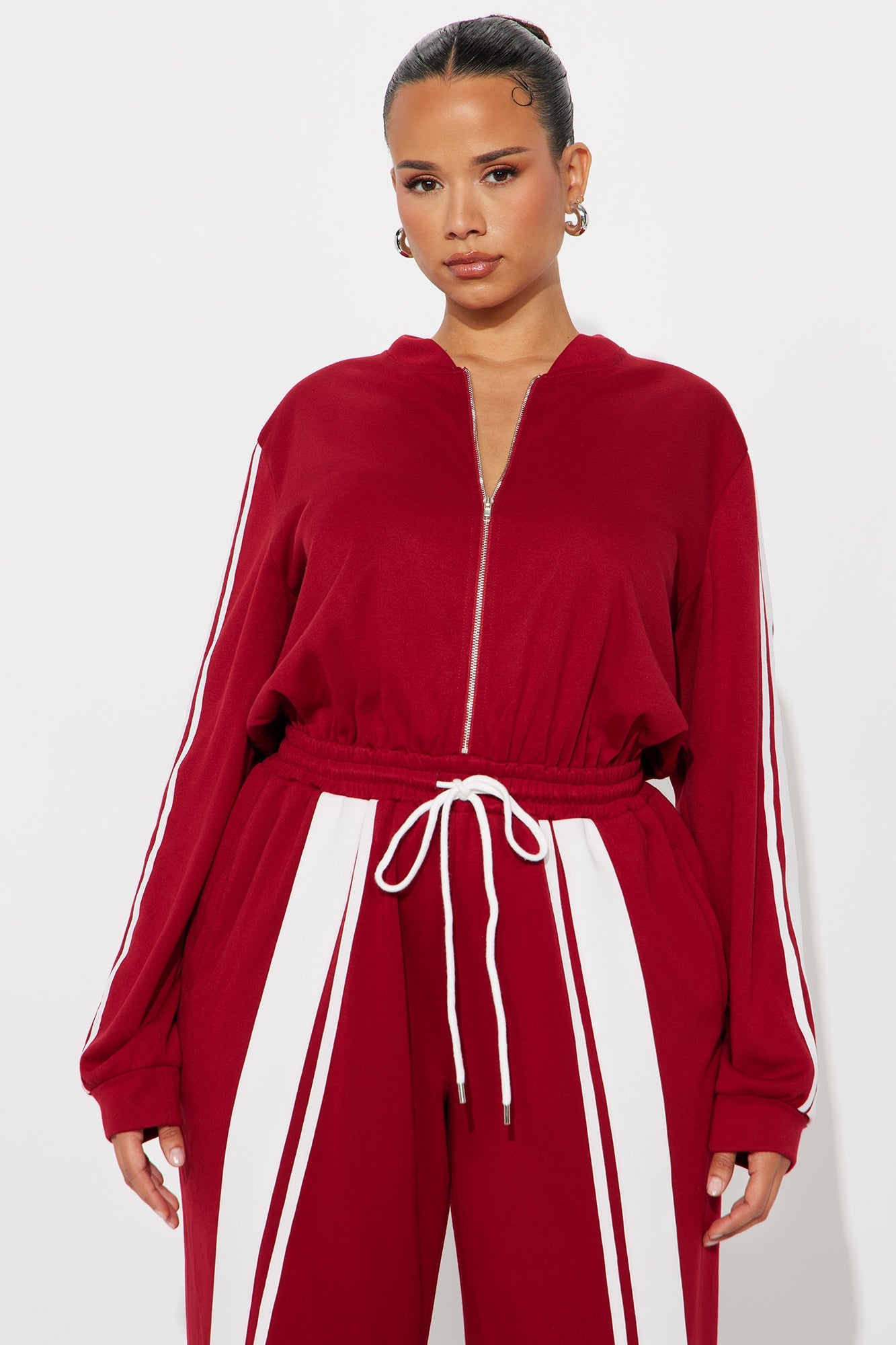 Sporty Vibe Long Sleeve Jumpsuit - Red