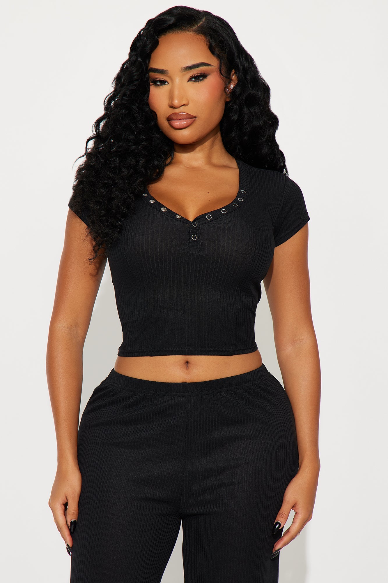 Dreaming Of You Ribbed Henley PJ Pant Set - Black