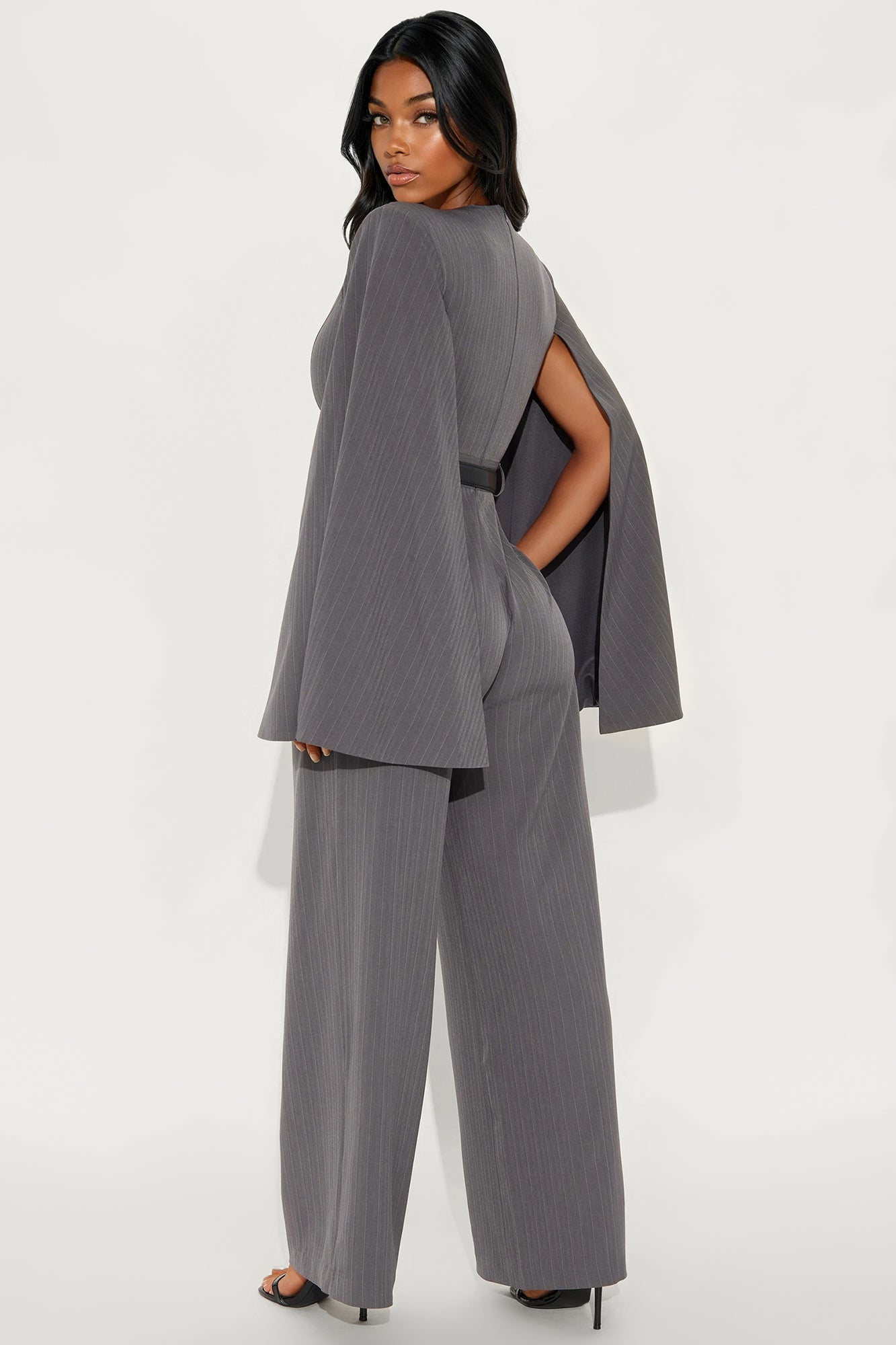 Harlowe Pinstripe Wide Leg Jumpsuit - Grey