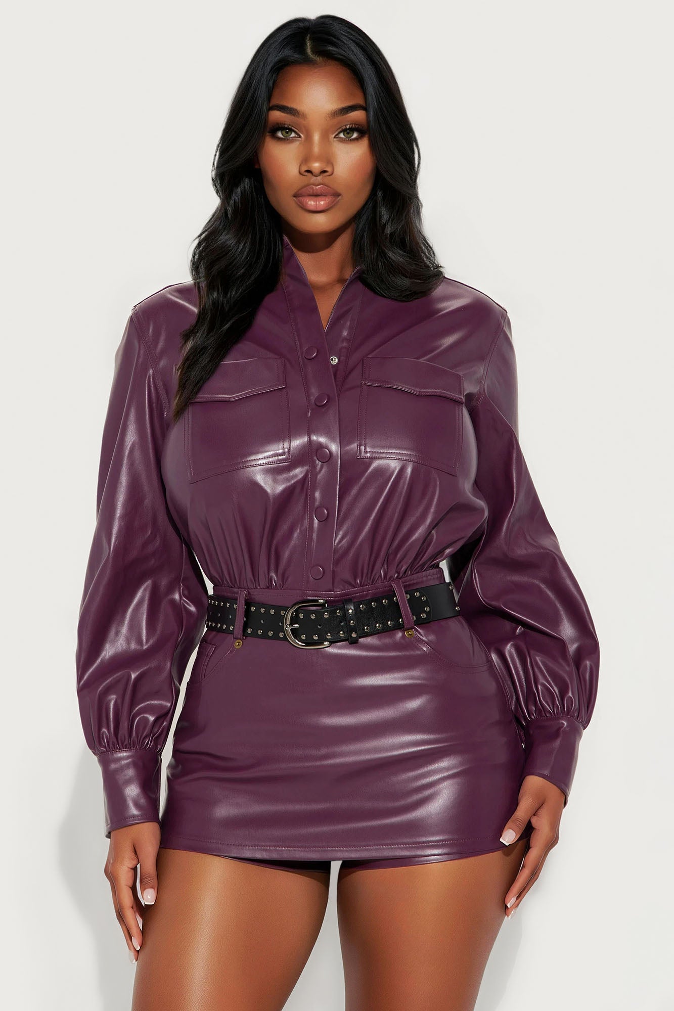 Get It Going Studded Faux Leather Romper - Wine