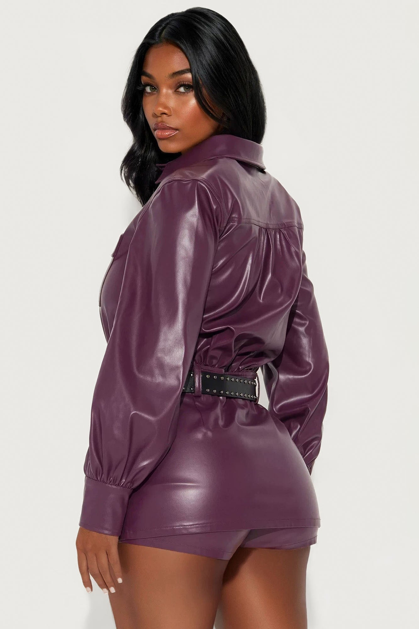 Get It Going Studded Faux Leather Romper - Wine