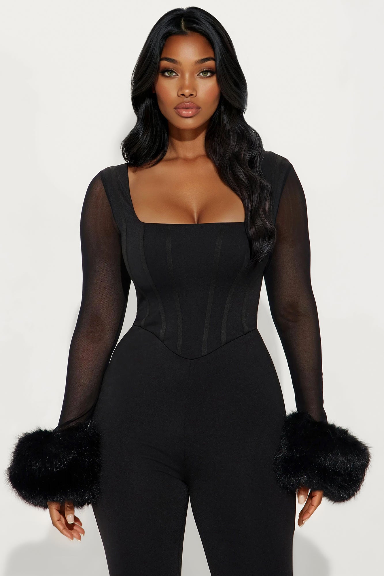 The Night We Met Faux Fur Corset Jumpsuit - Black