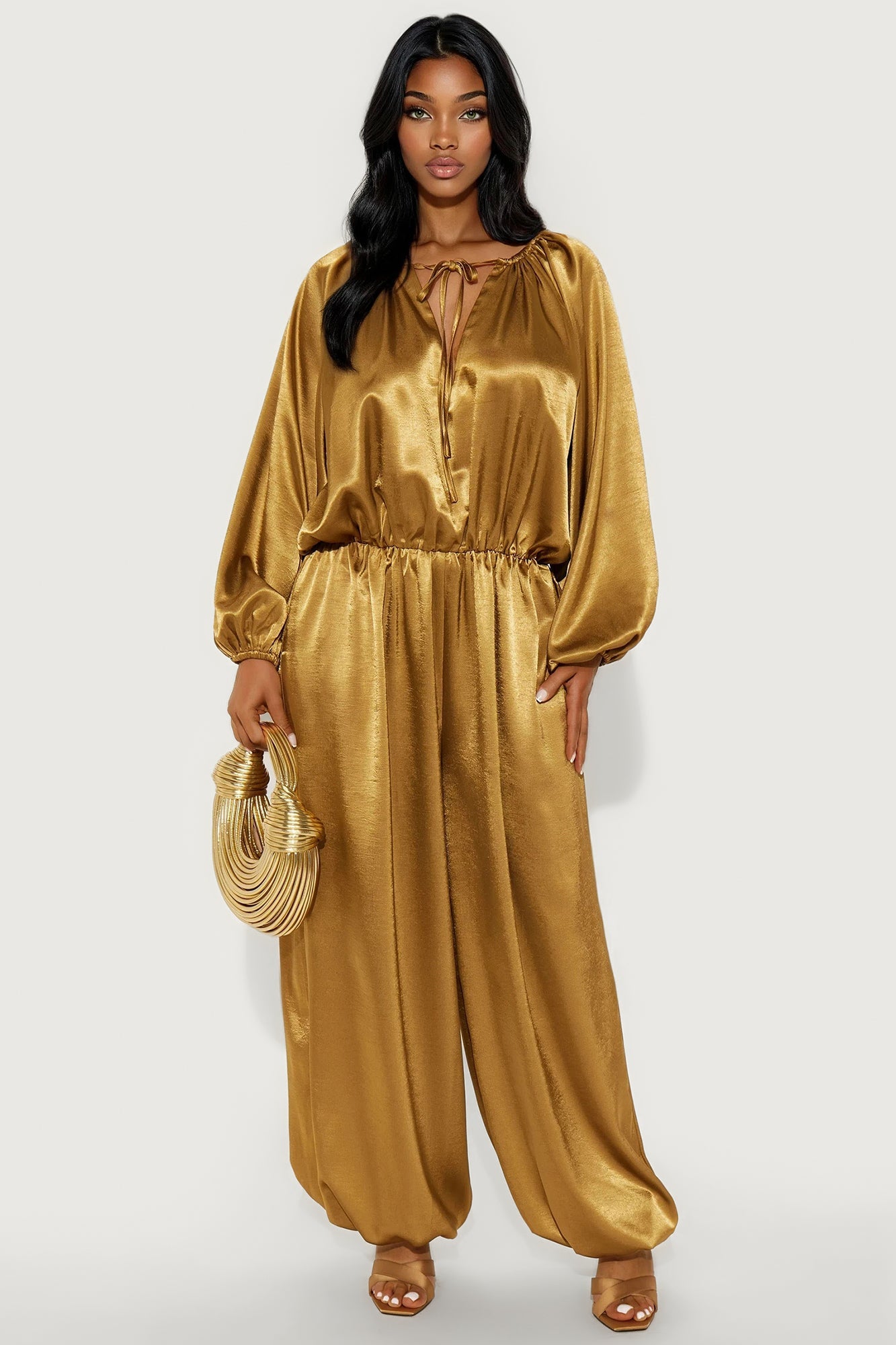 Irene Satin Balloon Jumpsuit - Olive