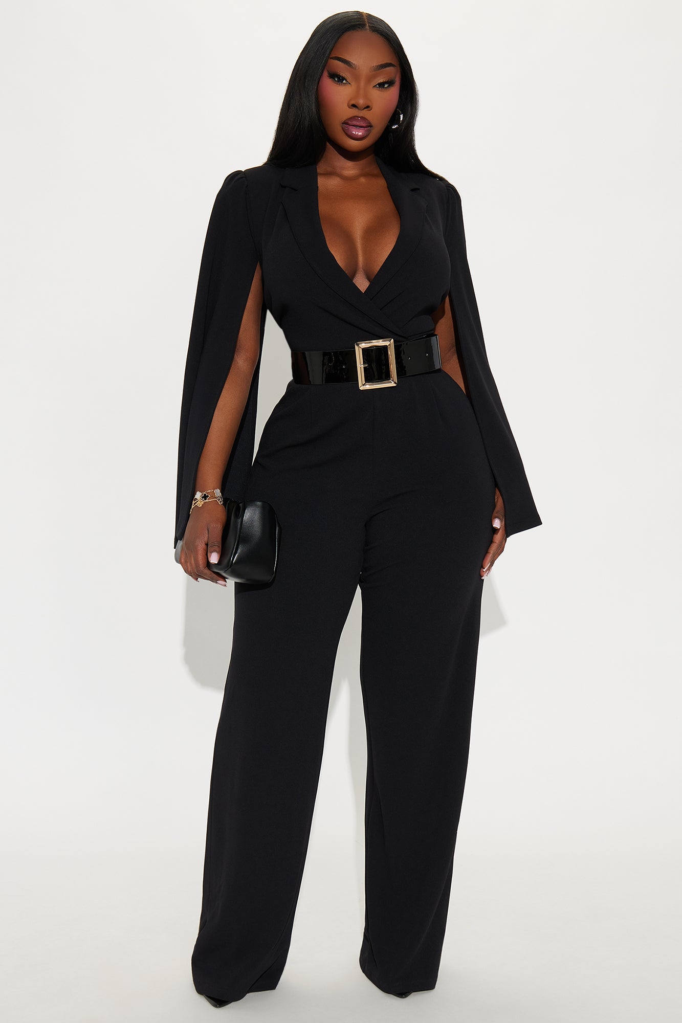 Ceo Vibes Cape Sleeve Belted Jumpsuit - Black