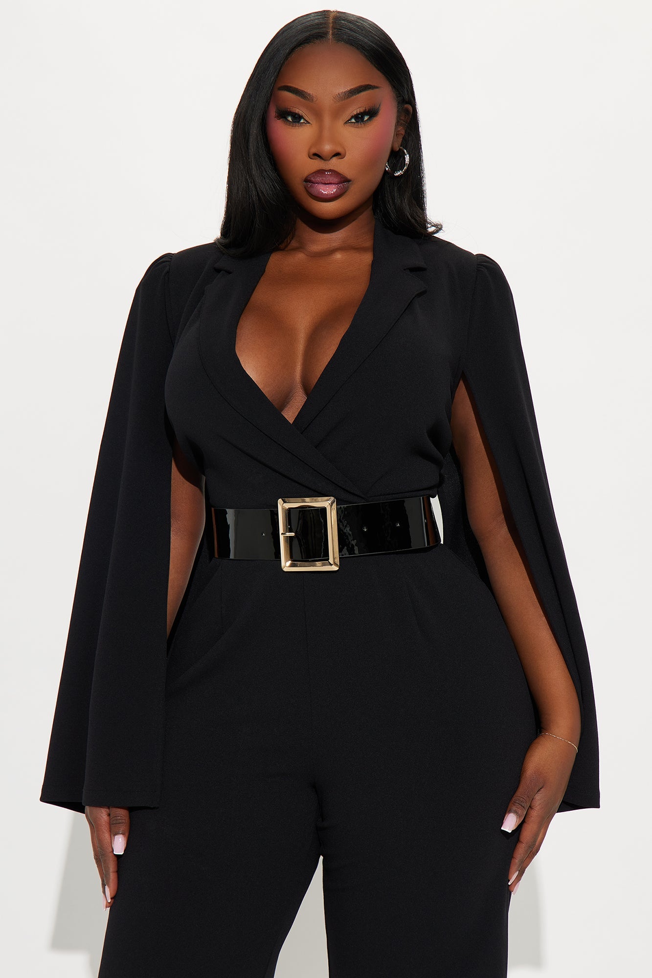 Ceo Vibes Cape Sleeve Belted Jumpsuit - Black