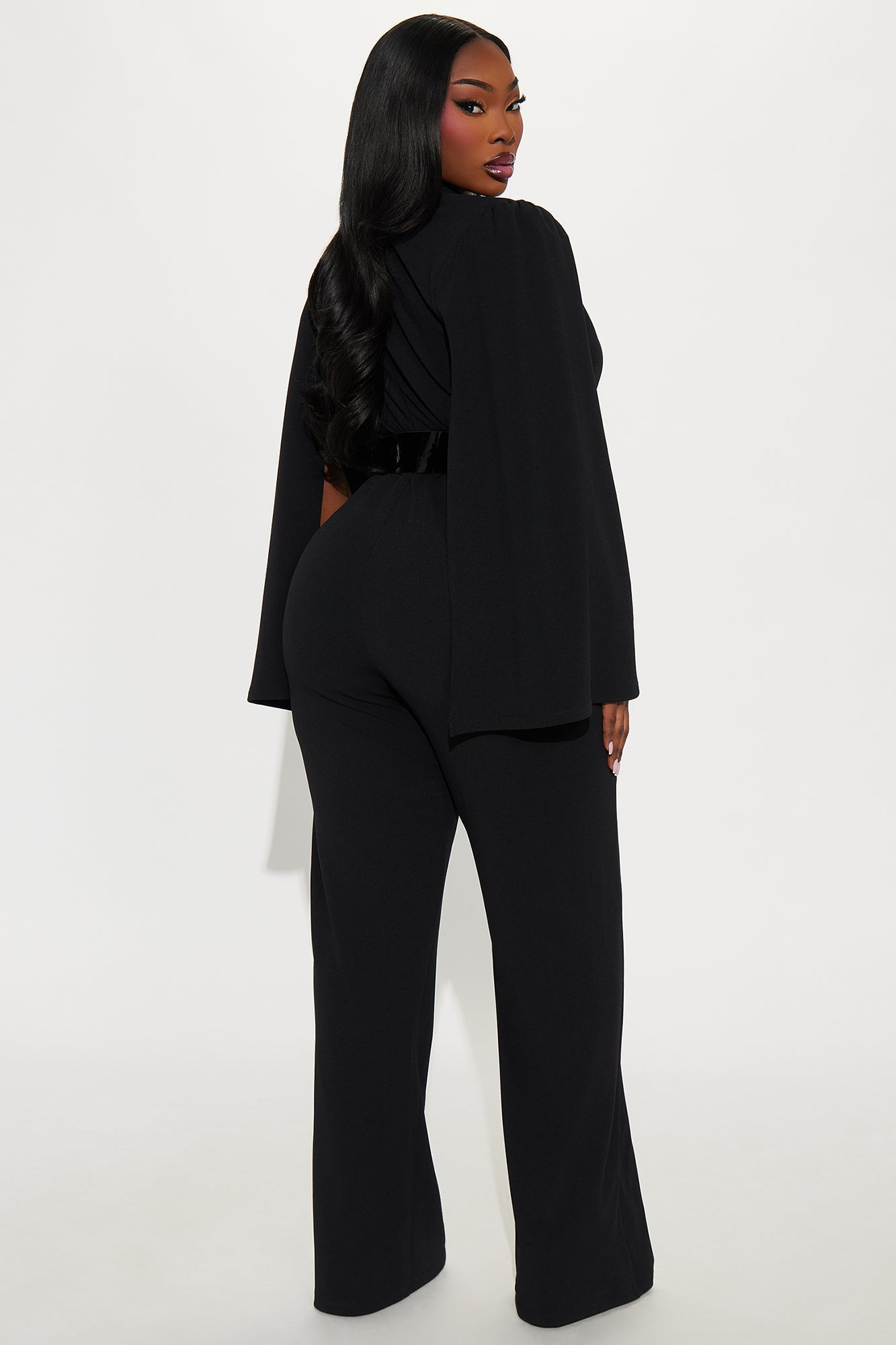 Ceo Vibes Cape Sleeve Belted Jumpsuit - Black