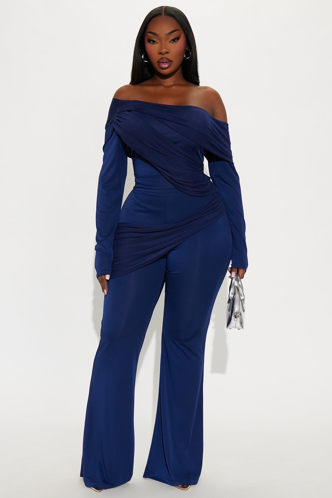 Evelyn One Shoulder Draped Pant Set - Navy