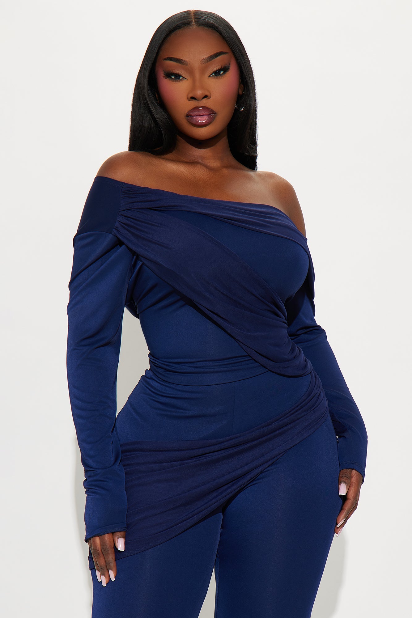 Evelyn One Shoulder Draped Pant Set - Navy