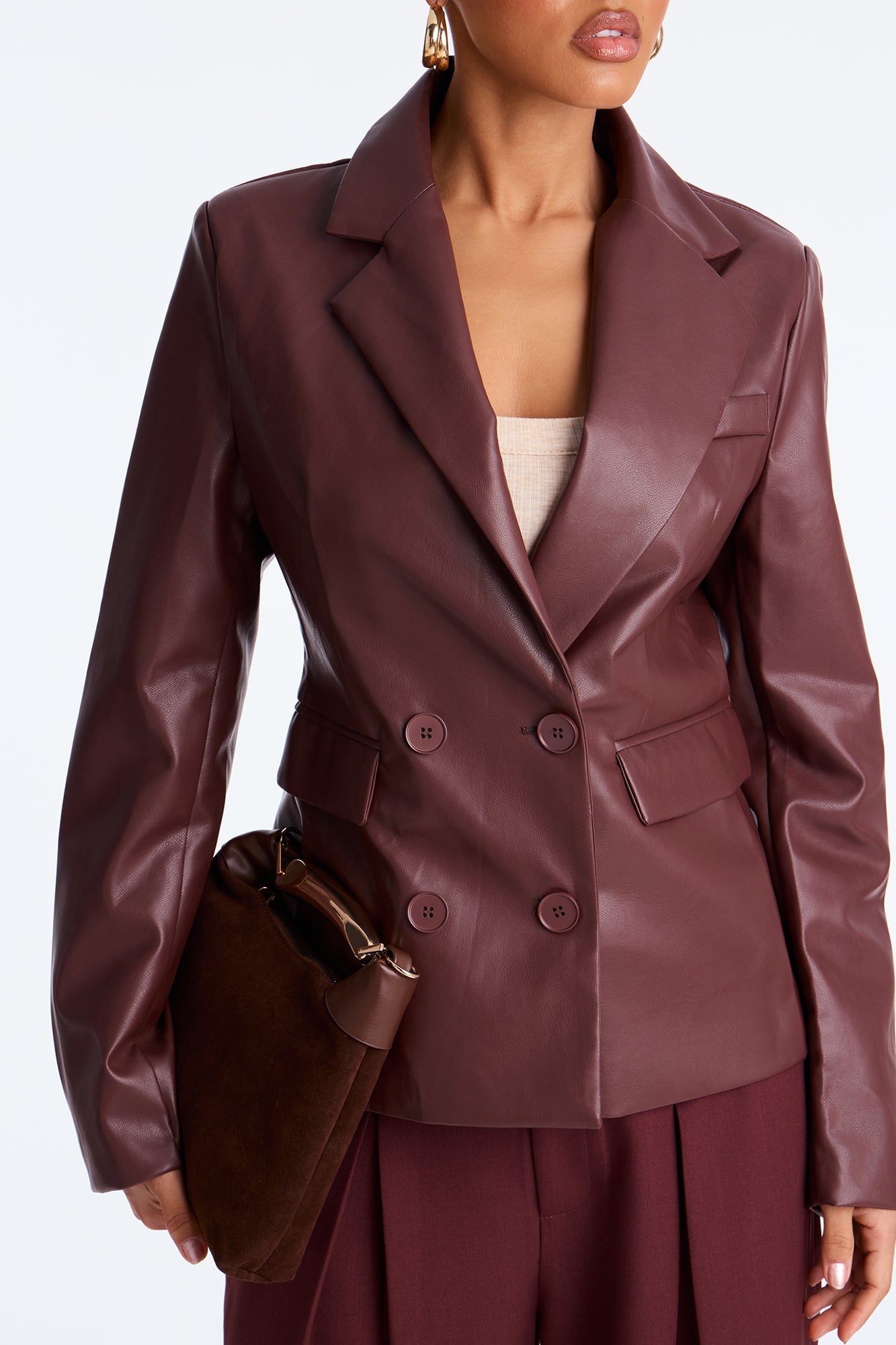 Eren Faux Leather Fitted Blazer - Burgundy
