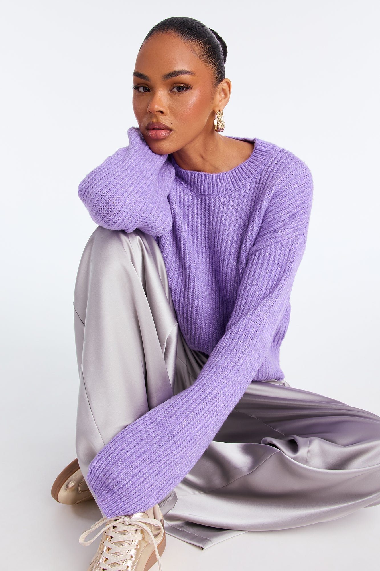 Bring Me Coffee Chunky Knit Pullover Sweater - Purple