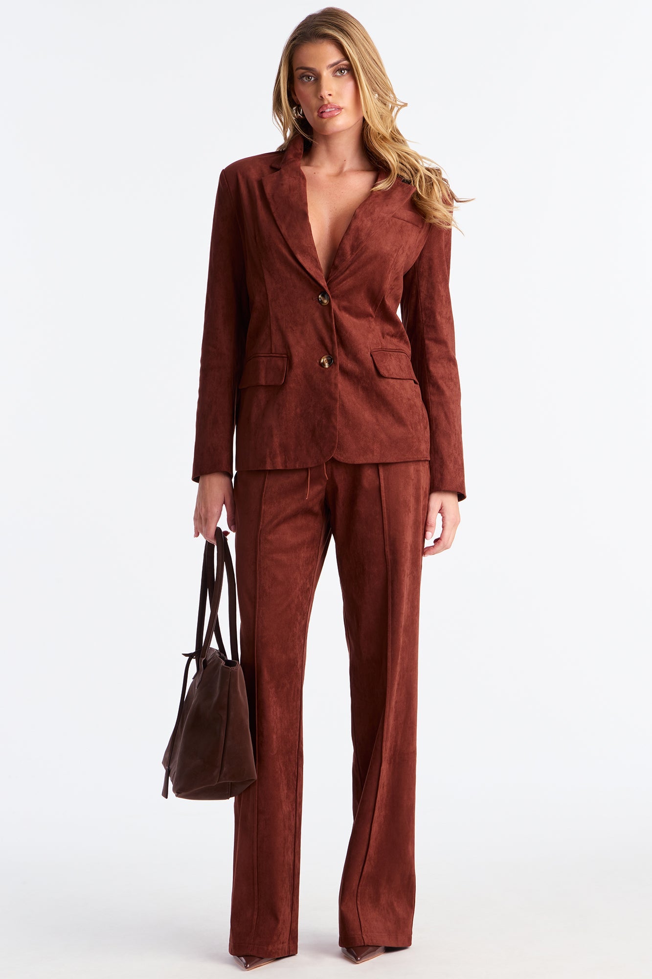 Heather Blazer Faux Suede Pant Set - Brown