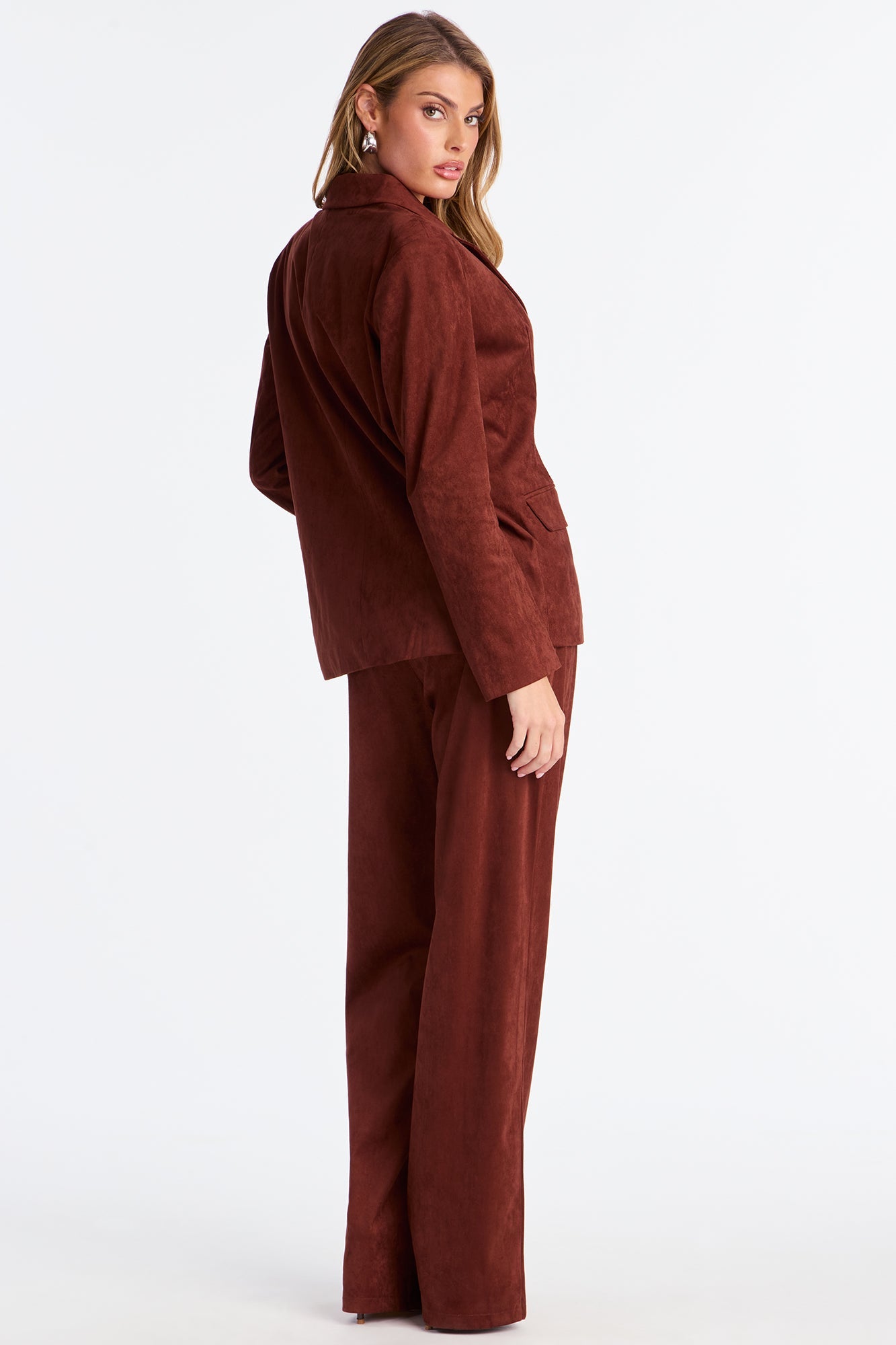 Heather Blazer Faux Suede Pant Set - Brown
