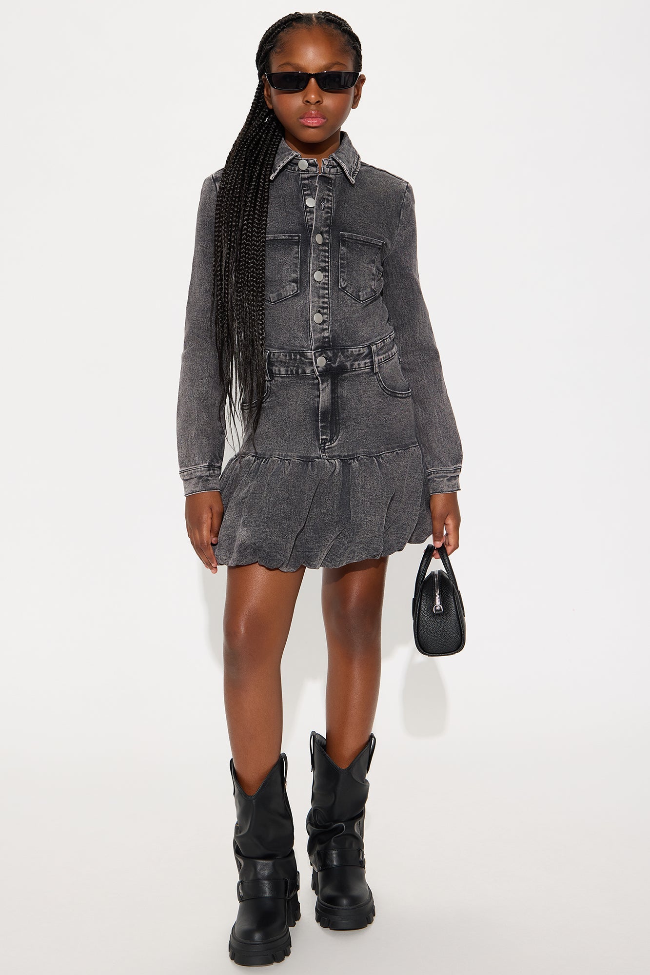 Mini Southern Charm Stretch Denim Bubble Dress - Black Wash