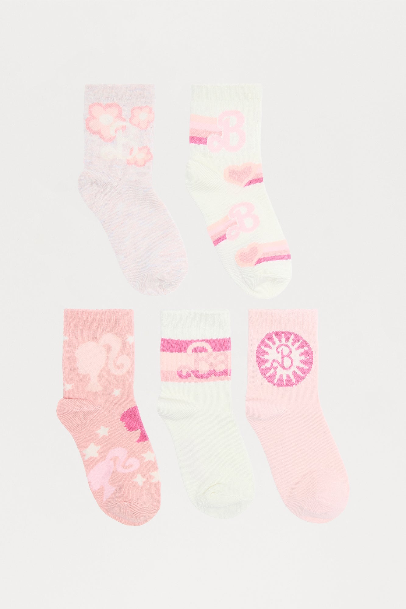 Mini Barbie Girl Mid Crew Socks 5 Pack - Pink/combo