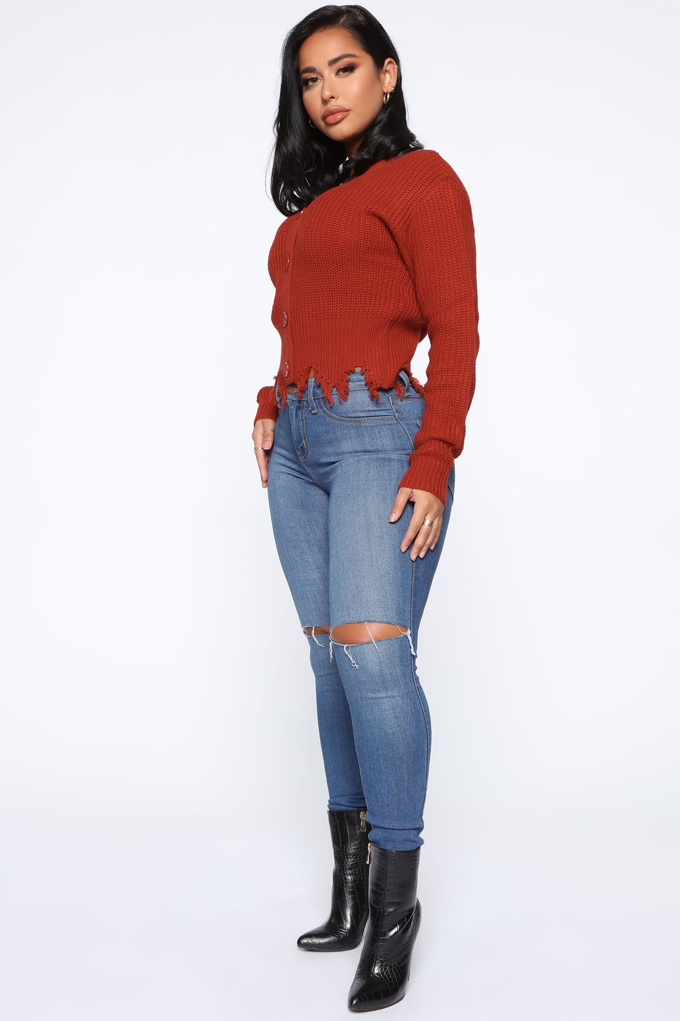 Distressed With You Cardigan - Rust