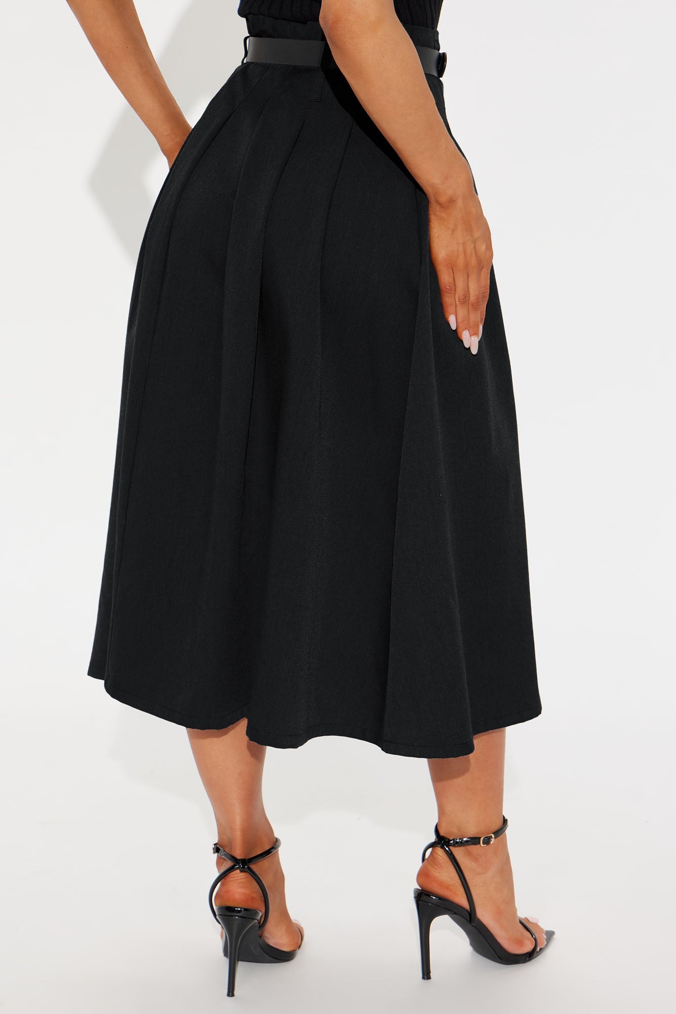 Isabel Belted Pleated Midi Skirt - Black