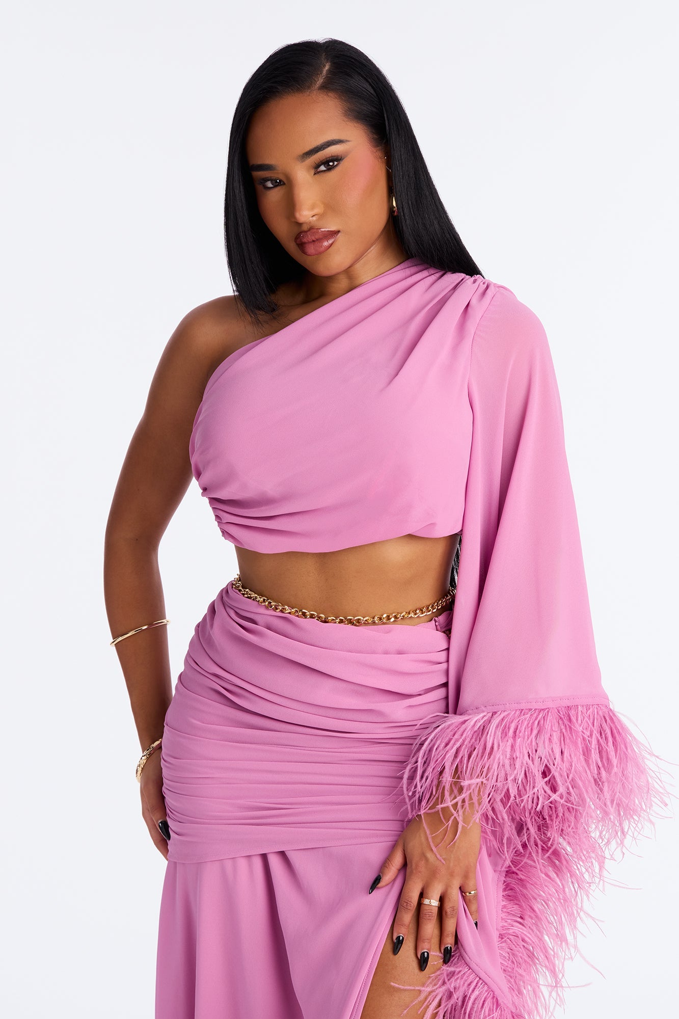 Athena Chiffon One Shoulder Maxi Skirt Set - Mauve