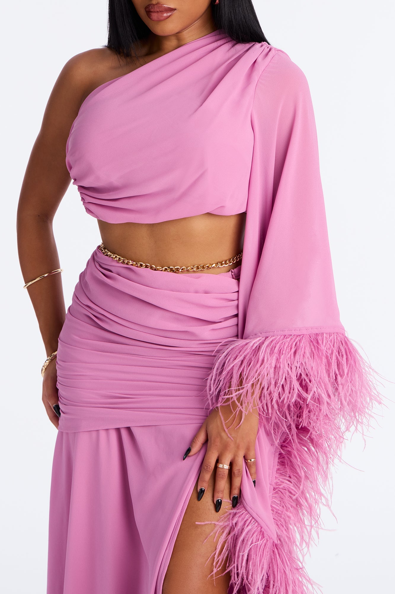 Athena Chiffon One Shoulder Maxi Skirt Set - Mauve