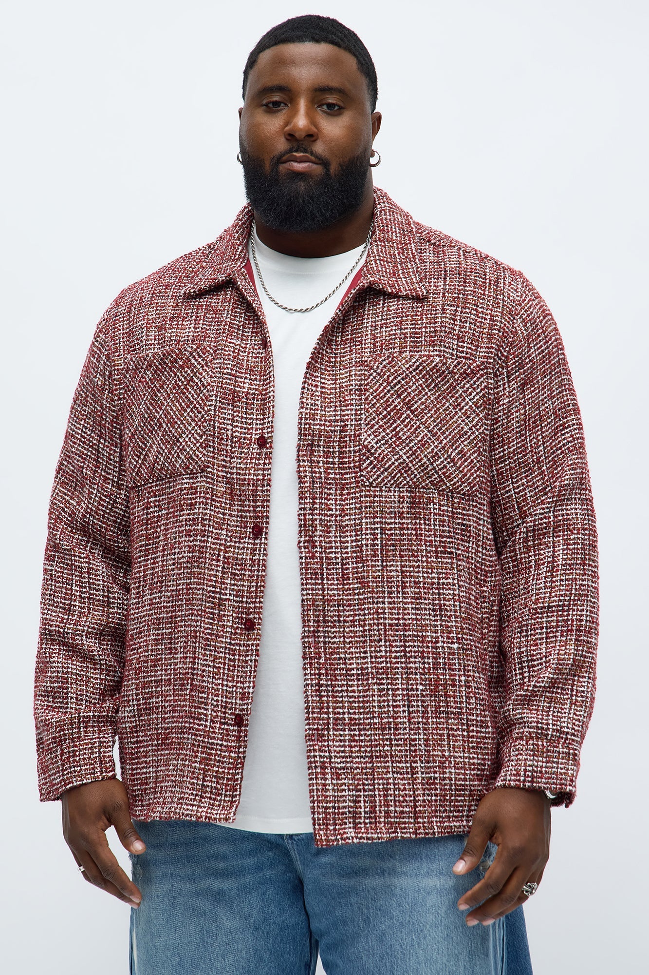 Relaxed Weaved Textured Overshirt - Red
