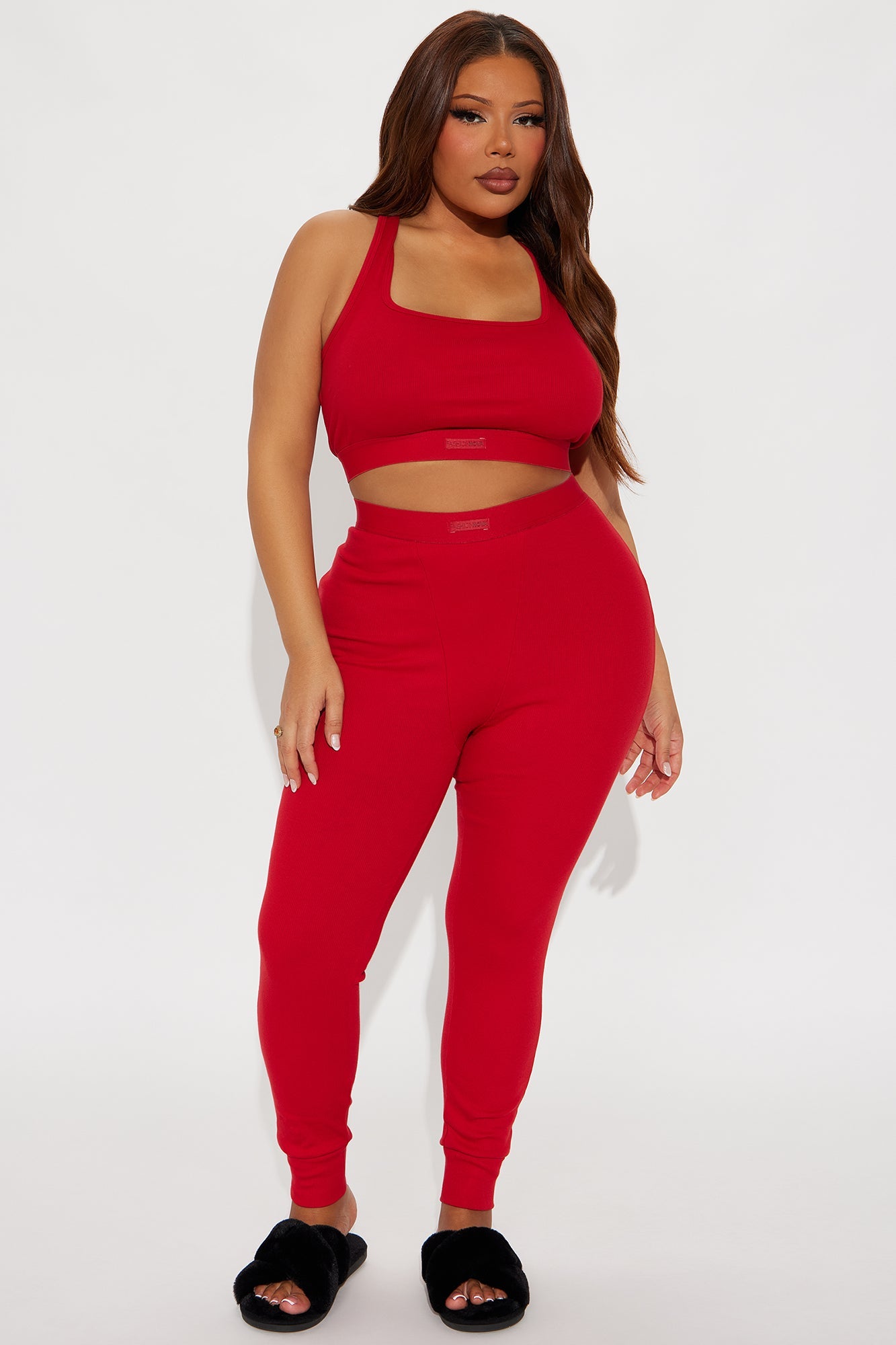 FN Mood Racerback Bra And Legging 2 Piece Ribbed Cotton Set - Red