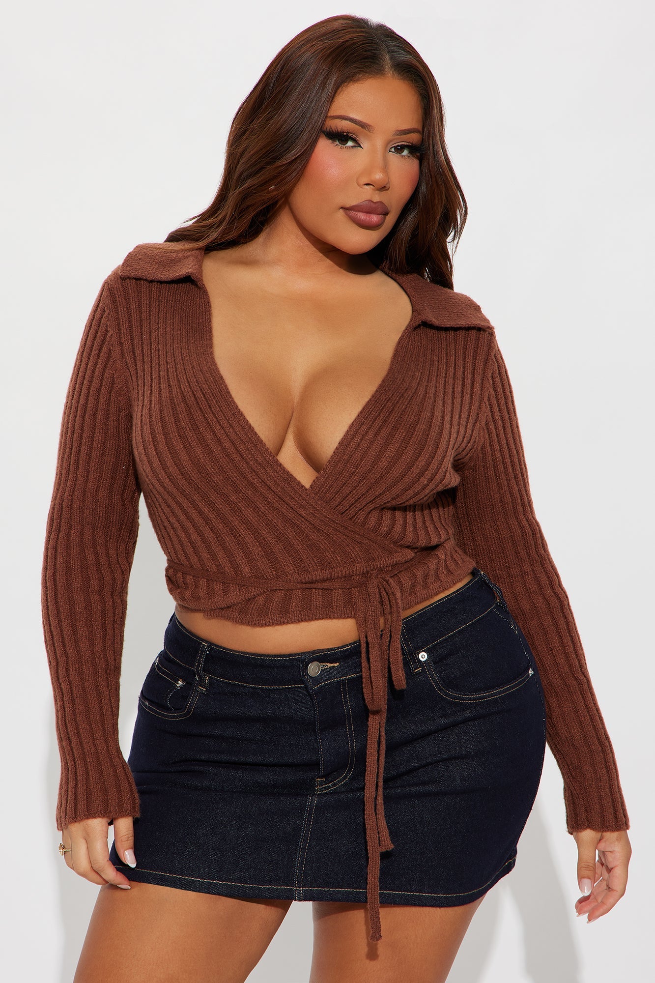 Wrapped in Sass Ribbed Surplice Cardigan - Brown