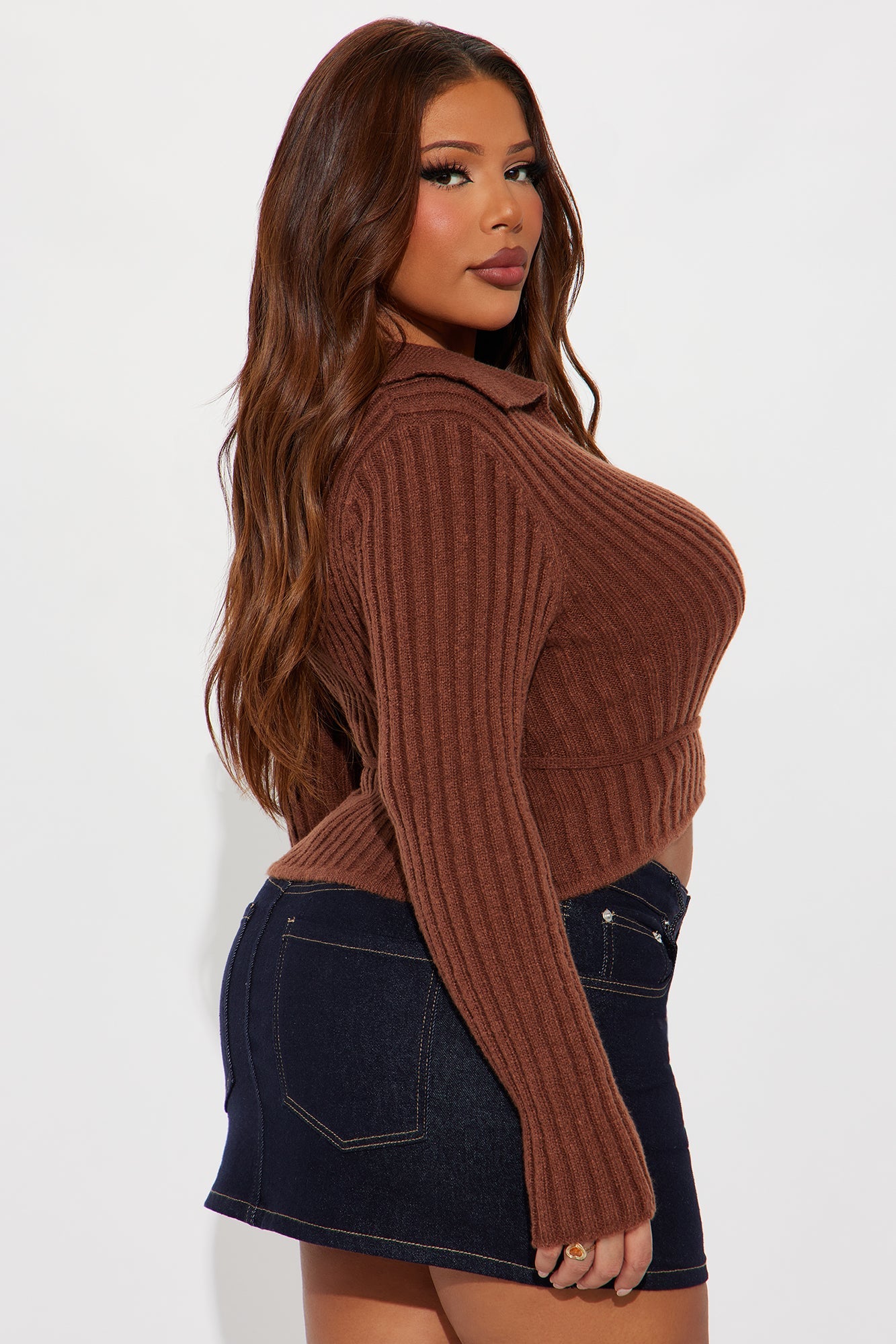 Wrapped in Sass Ribbed Surplice Cardigan - Brown