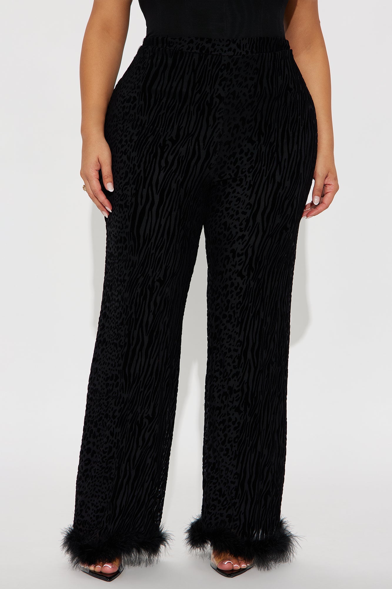 Wild Whisper Velvet Burnout Feather Trim Pant - Black
