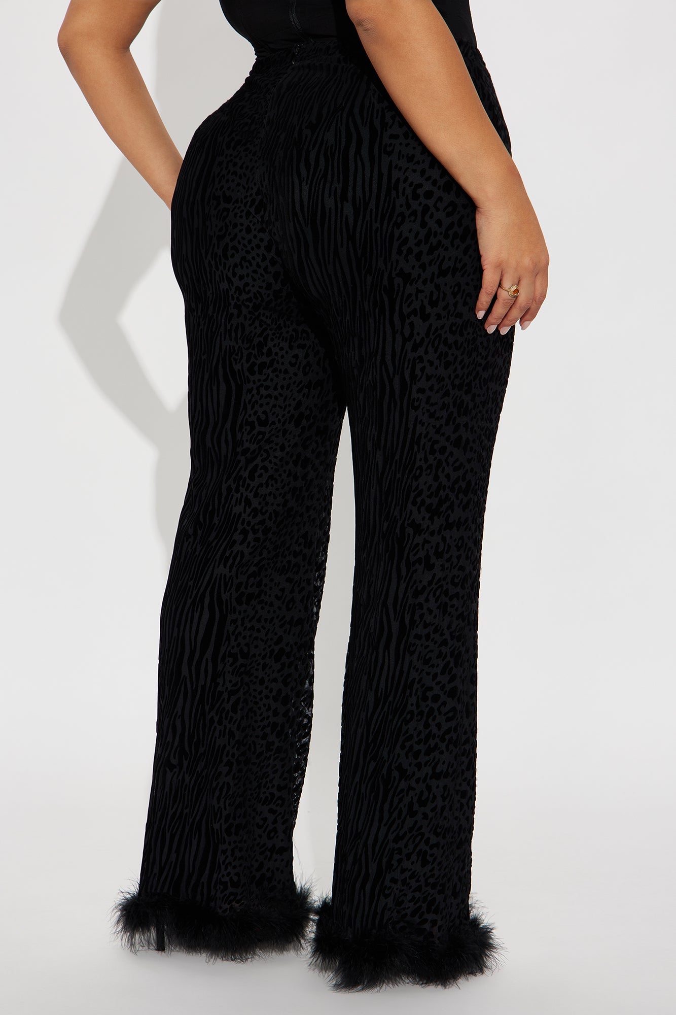 Wild Whisper Velvet Burnout Feather Trim Pant - Black