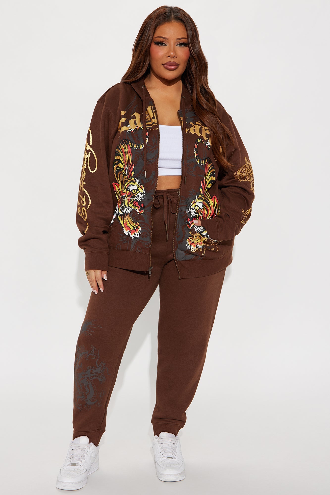 Ed Hardy Double Take Tiger Zip Up Hoodie - Brown