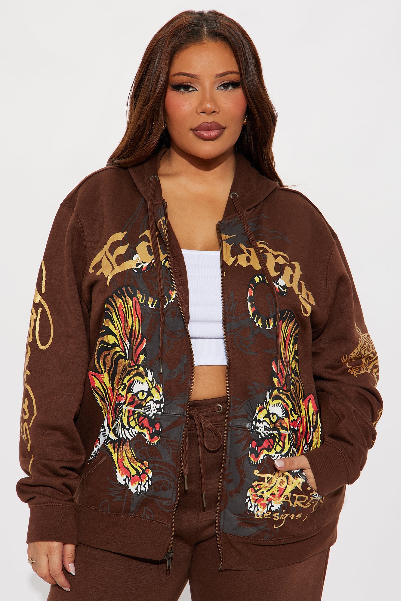 Ed Hardy Double Take Tiger Zip Up Hoodie - Brown