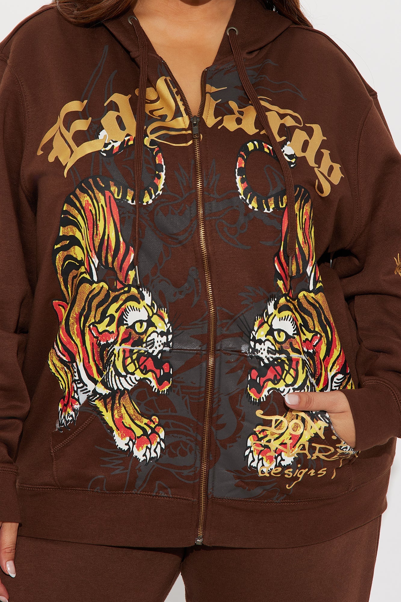 Ed Hardy Double Take Tiger Zip Up Hoodie - Brown