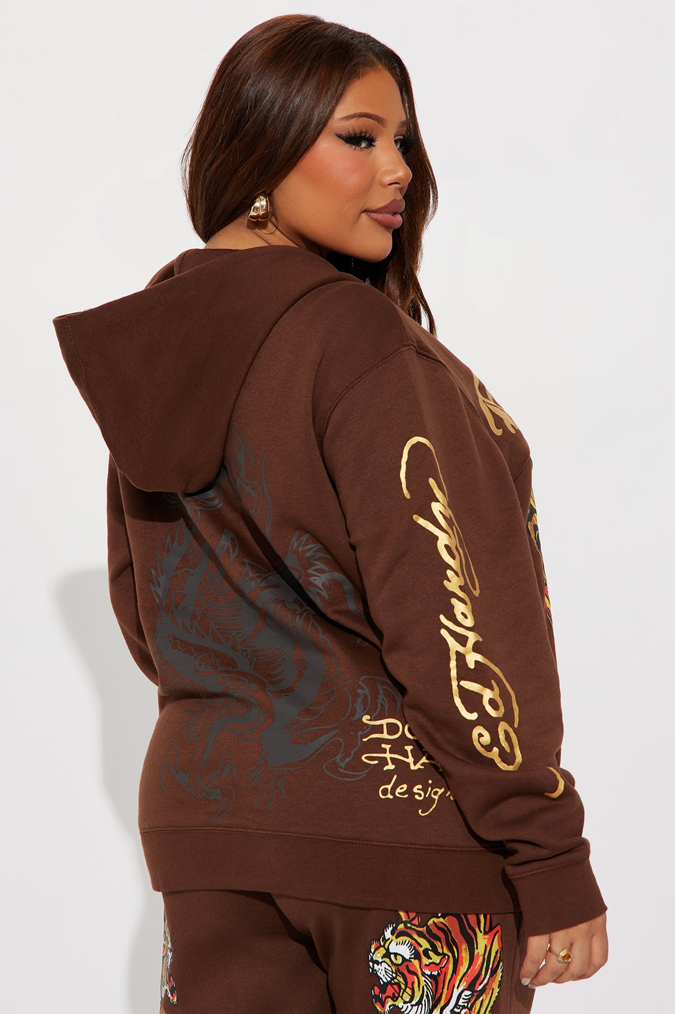 Ed Hardy Double Take Tiger Zip Up Hoodie - Brown