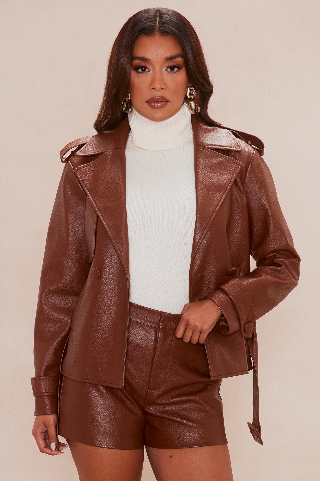 Vienna Faux Leather Short Set - Brown