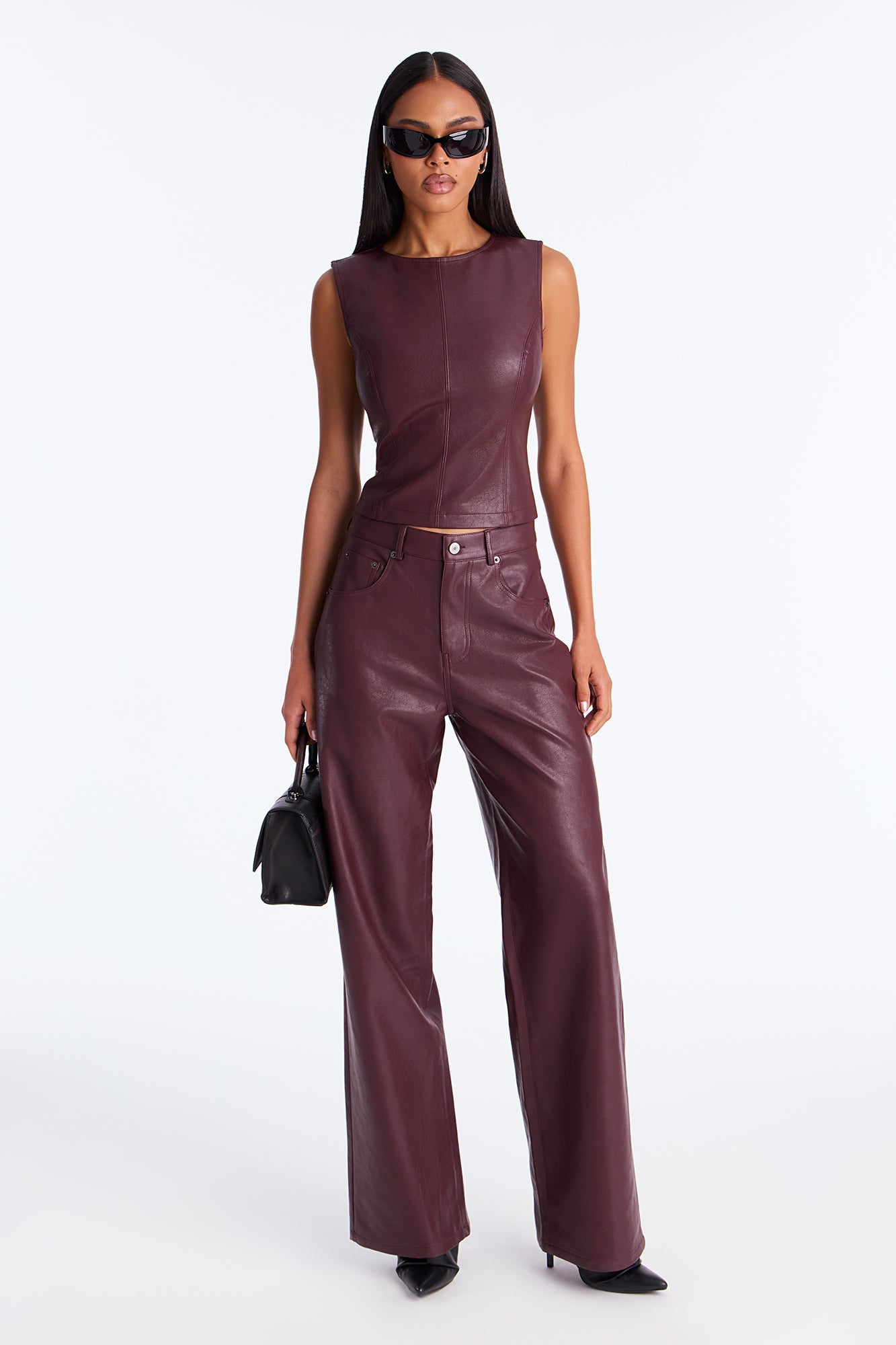 Gianna Faux Leather Pant Set - Plum