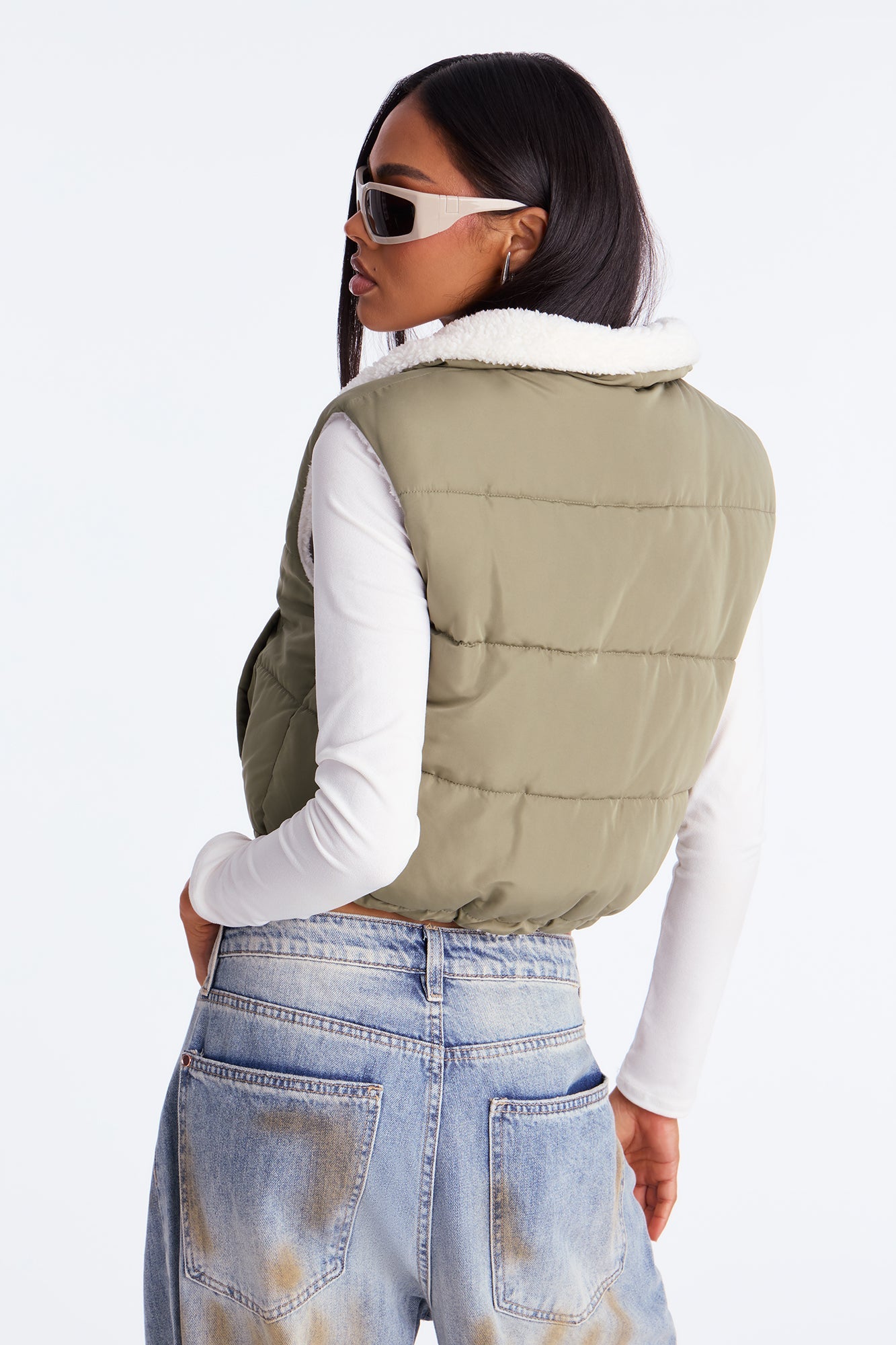 Never Too Cozy Sherpa Puffer Vest - Olive