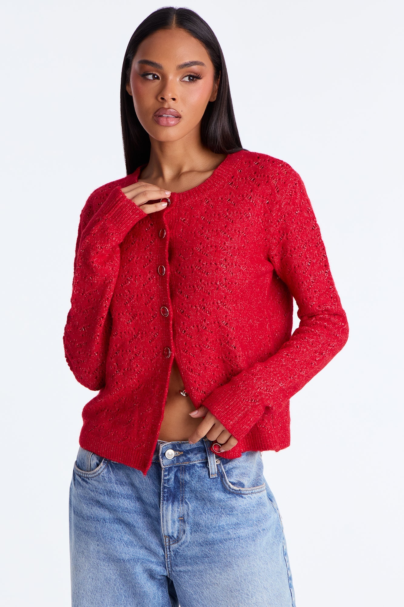 Aubrey Pointelle Cardigan Sweater - Red